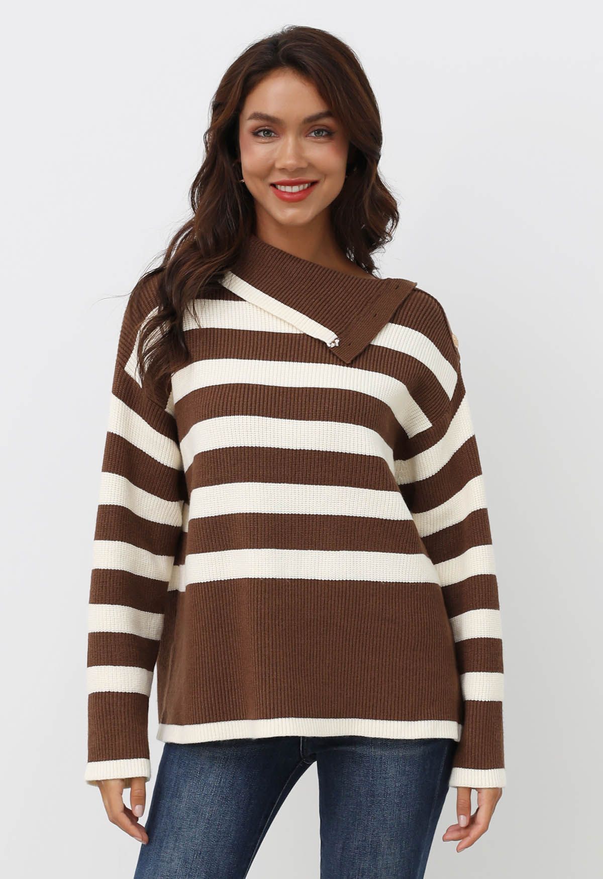 Buttoned Neck Striped Oversize Sweater in Brown