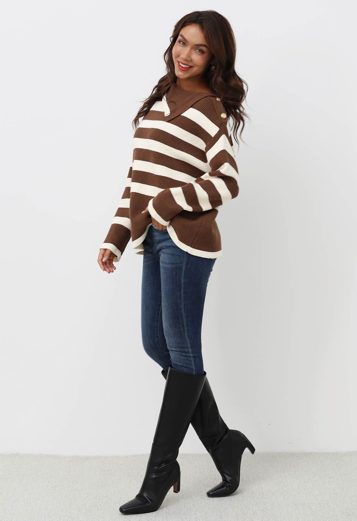 Buttoned Neck Striped Oversize Sweater in Brown