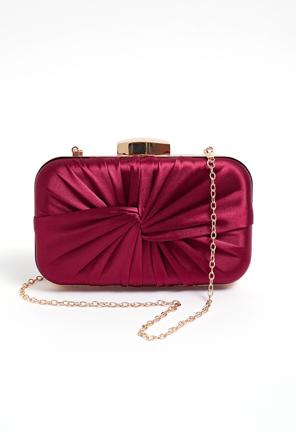 Ruched Knotted Satin Clutch in Burgundy