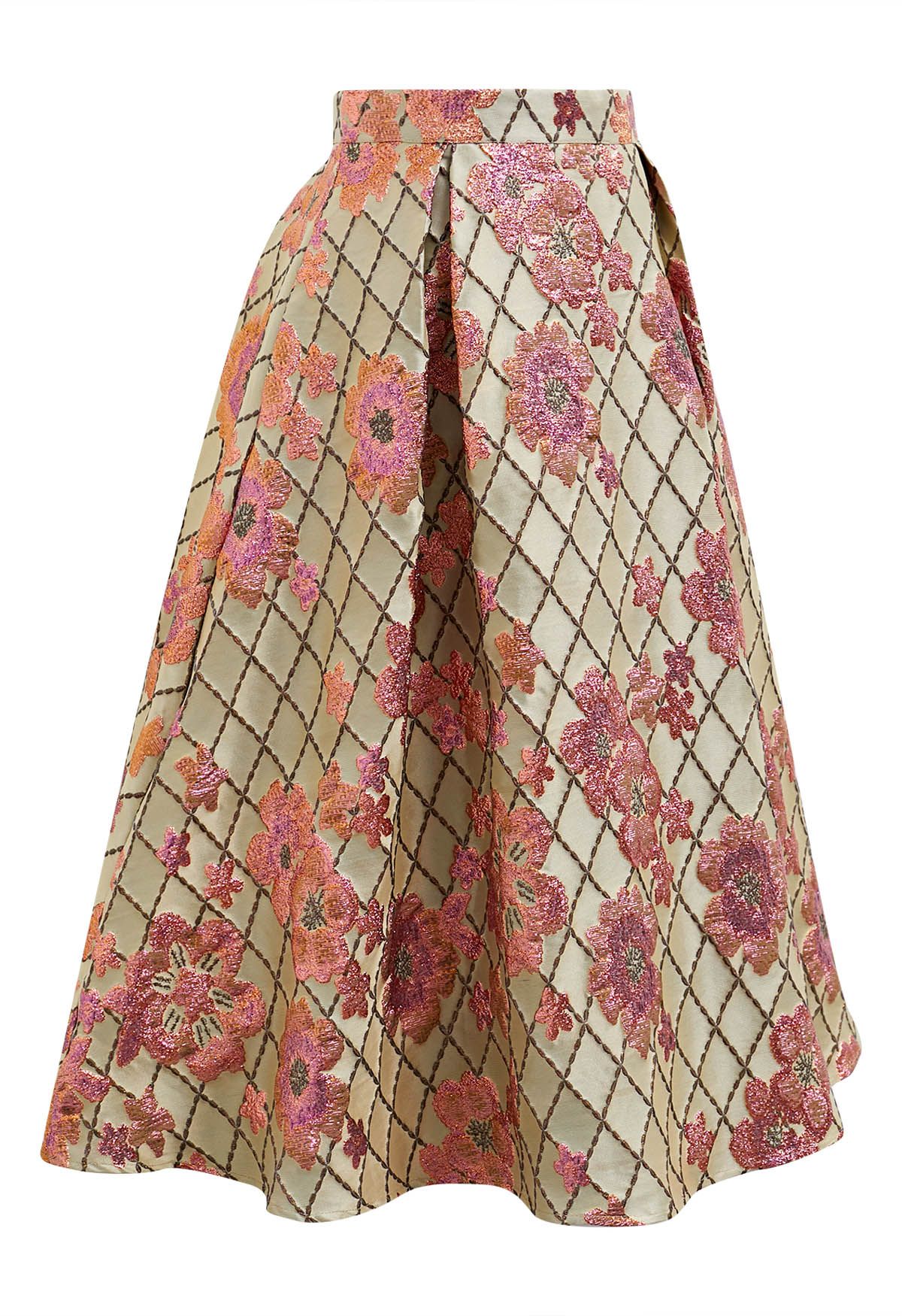 Falling Floral Grid Jacquard Midi Skirt in Gold