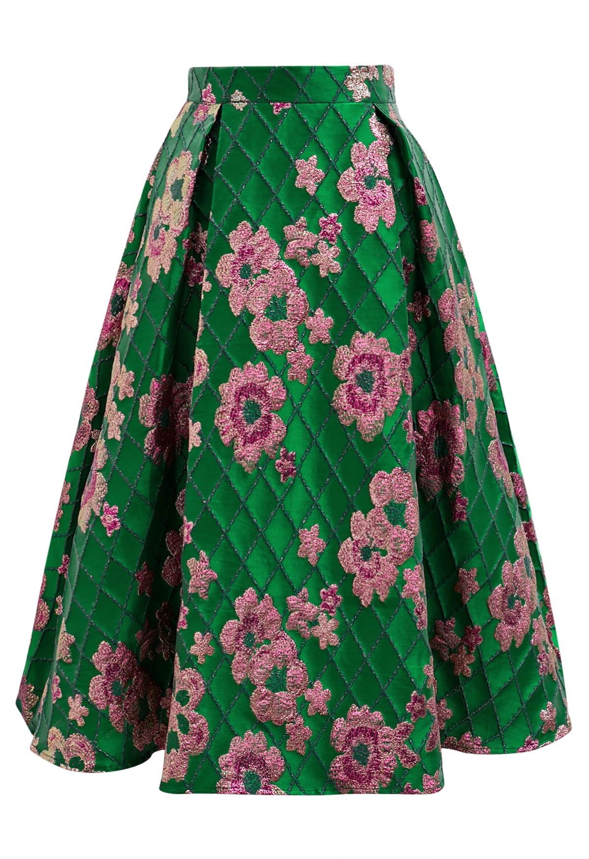 Falling Floral Grid Jacquard Midi Skirt in Green