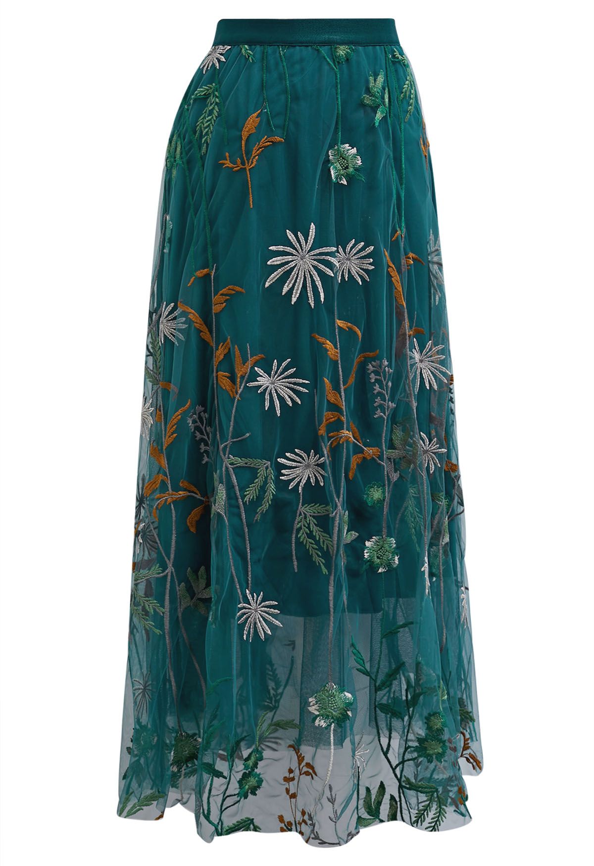 Whimsical Flowers Embroidered Mesh Tulle Midi Skirt in Teal