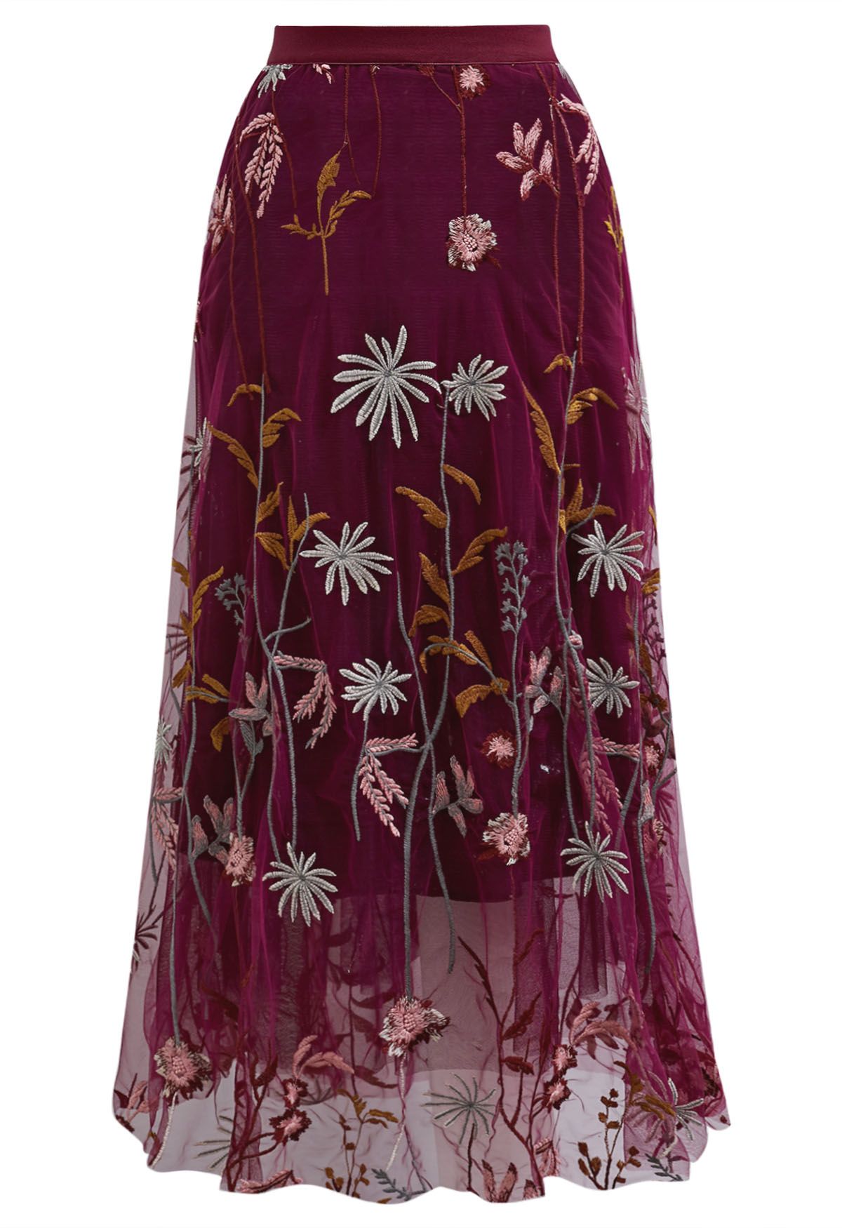 Whimsical Flowers Embroidered Mesh Tulle Midi Skirt in Burgundy