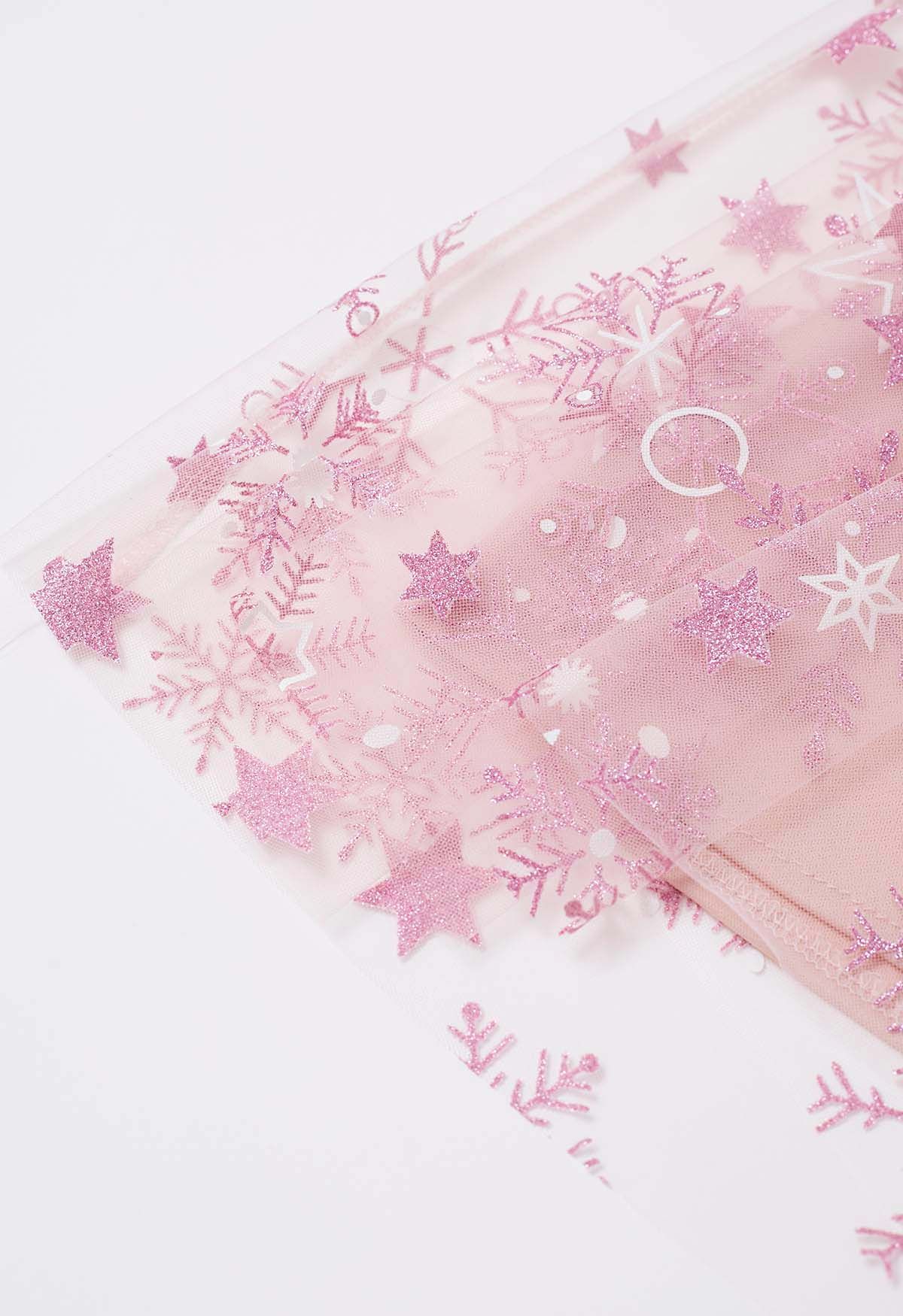 Glitter Star Snowflake Mesh Tulle Midi Skirt in Pink