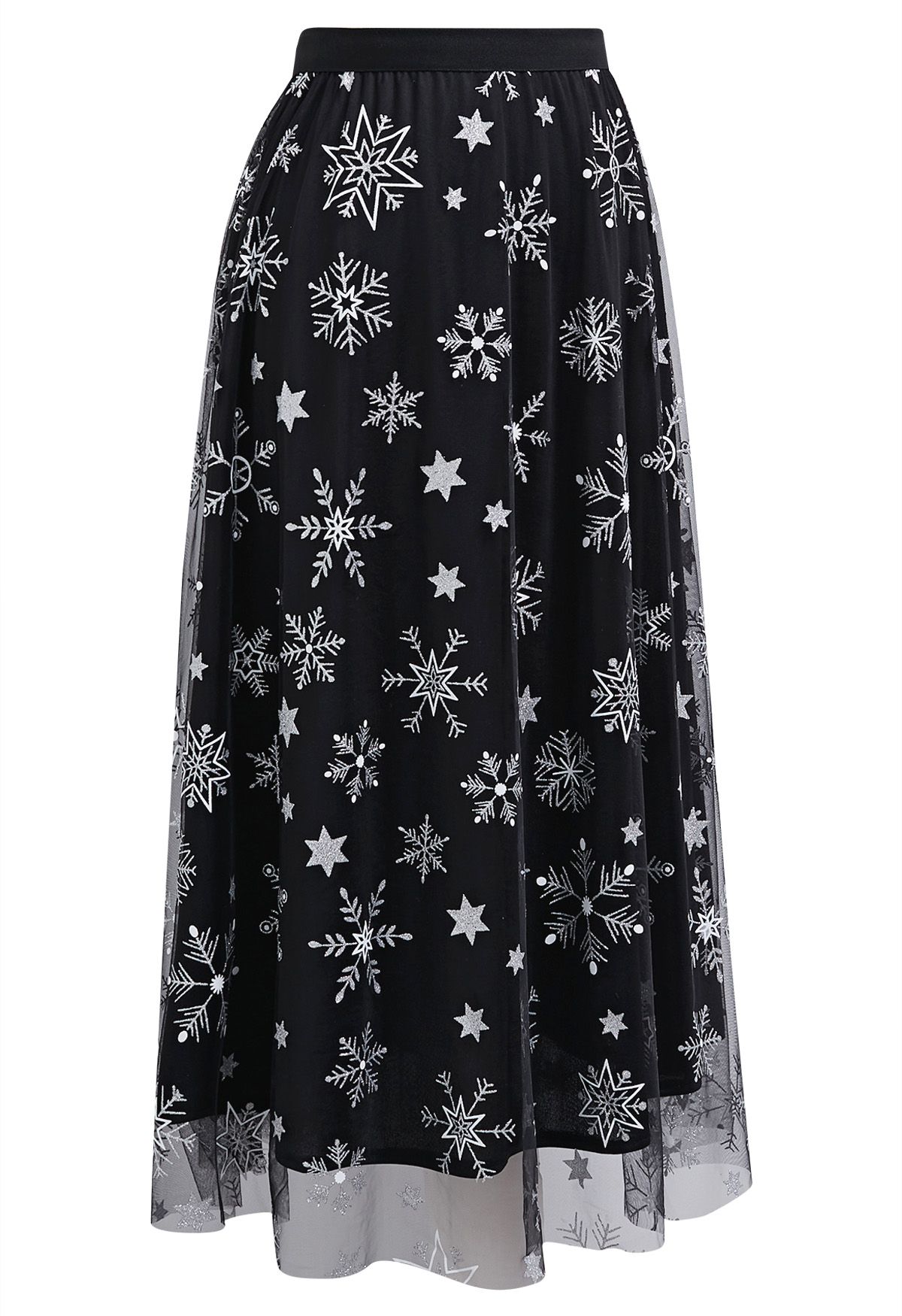 Glitter Star Snowflake Mesh Tulle Midi Skirt in Black