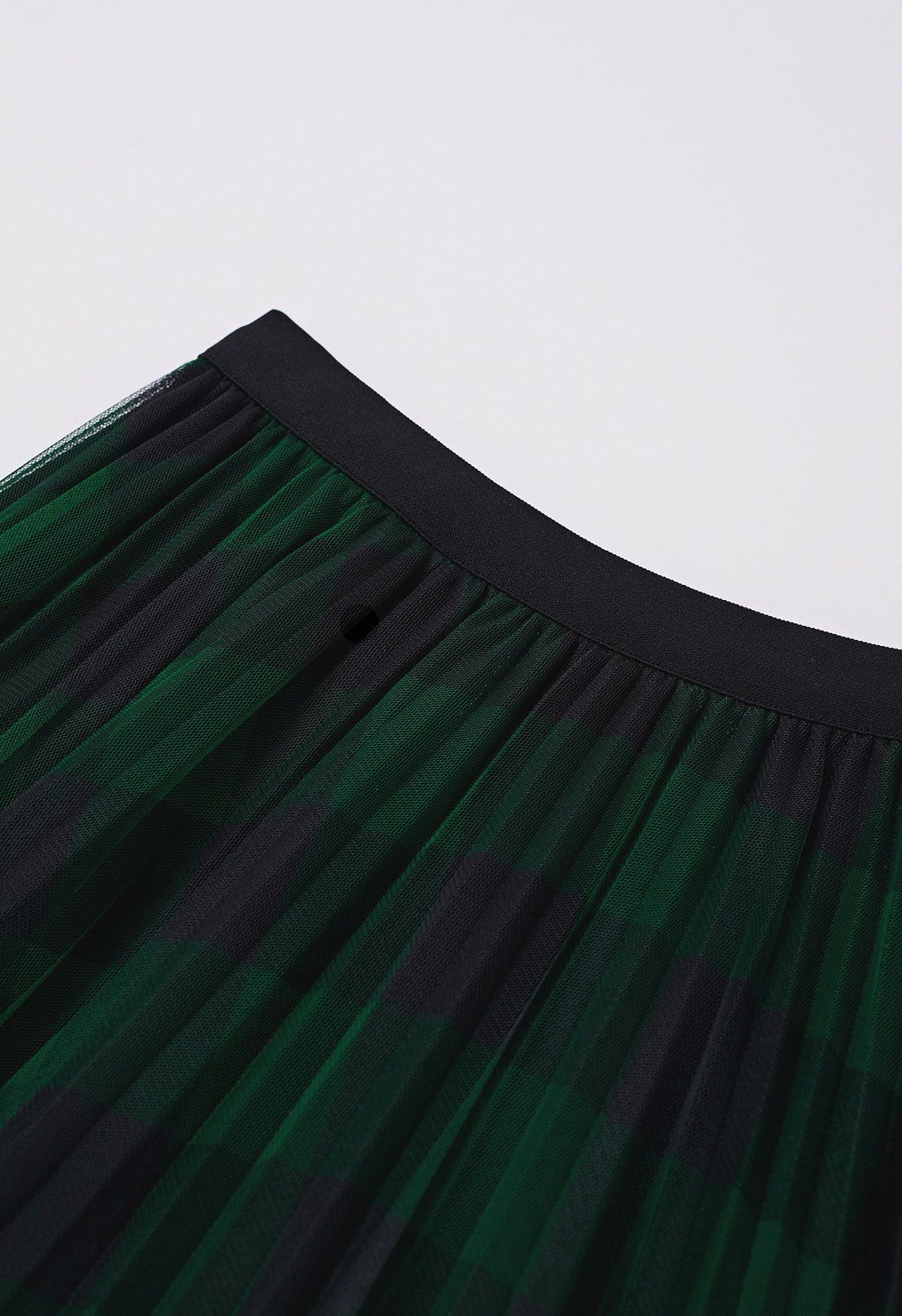 Bold Checks Double-Layered Mesh Midi Skirt in Green