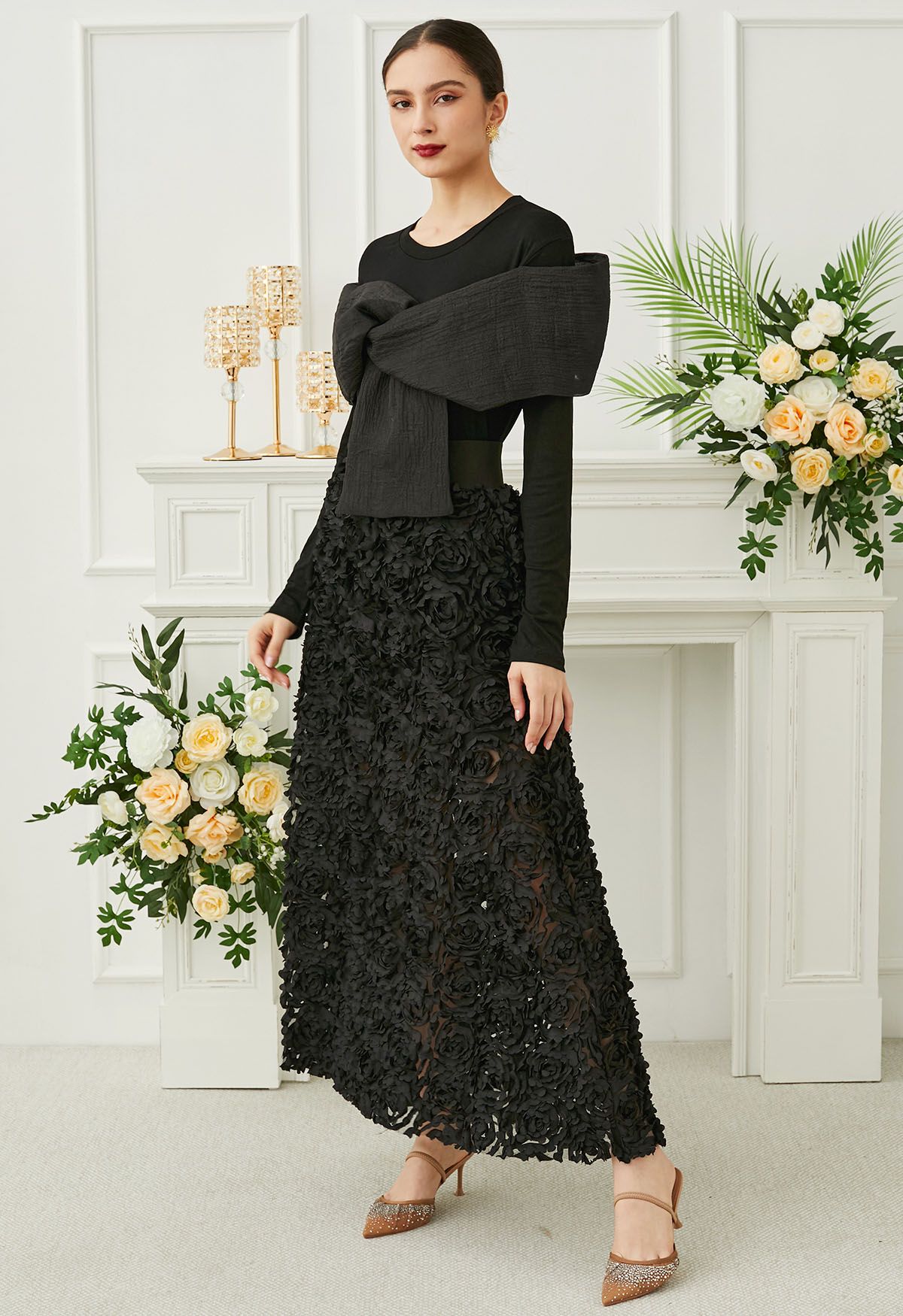 Rose Petal Embellished Mesh Maxi Skirt in Black