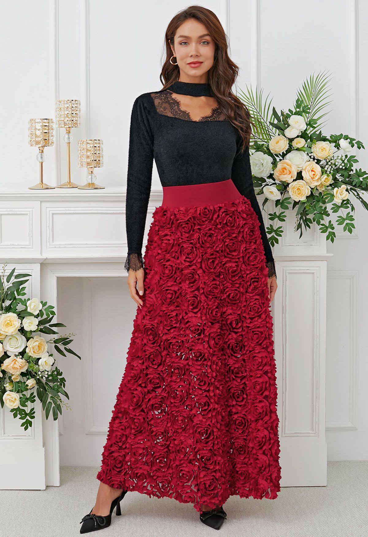 Rose Petal Embellished Mesh Maxi Skirt in Red