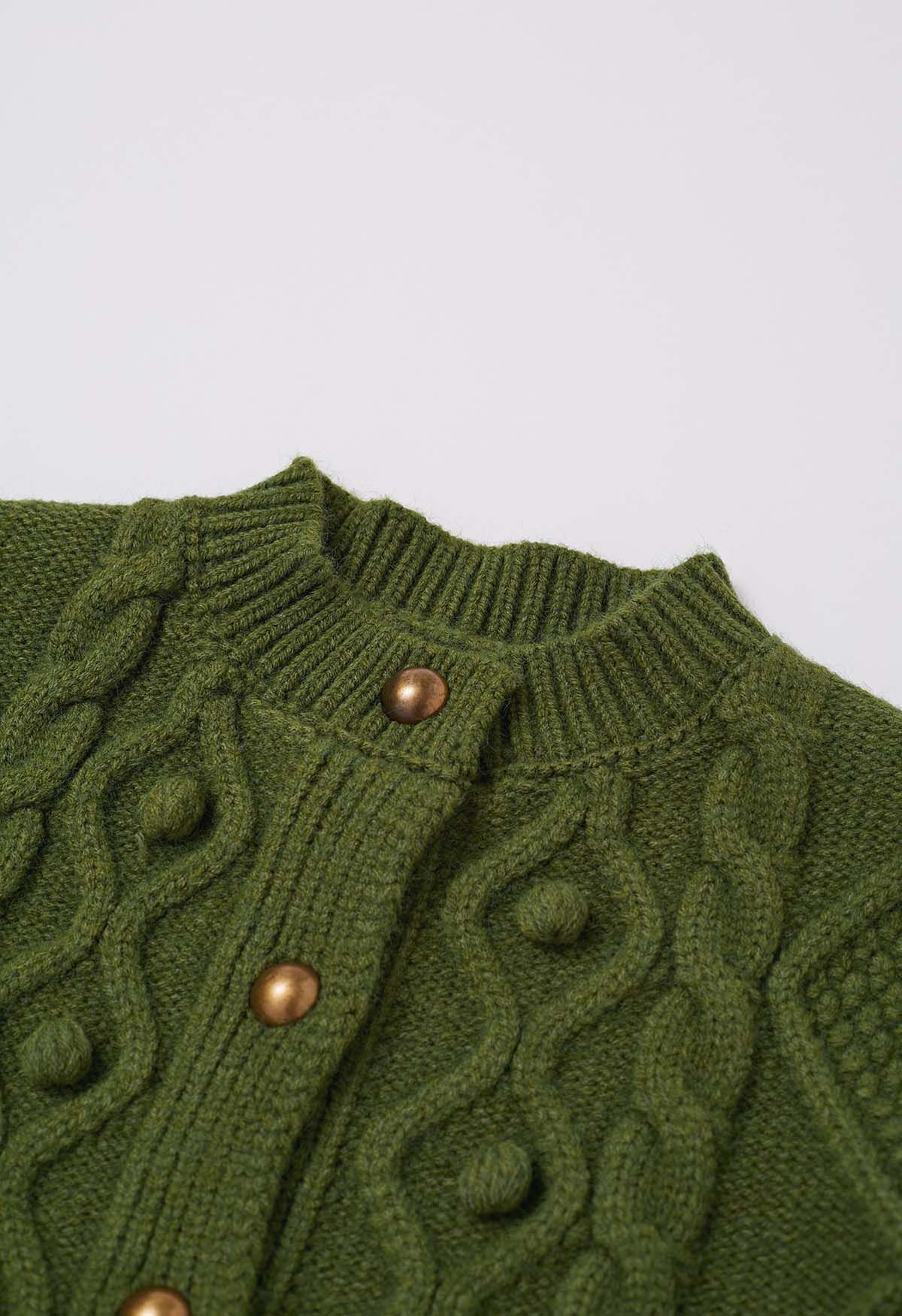 Euphoric Pom-Pom Waffle Knit Crop Cardigan in Green