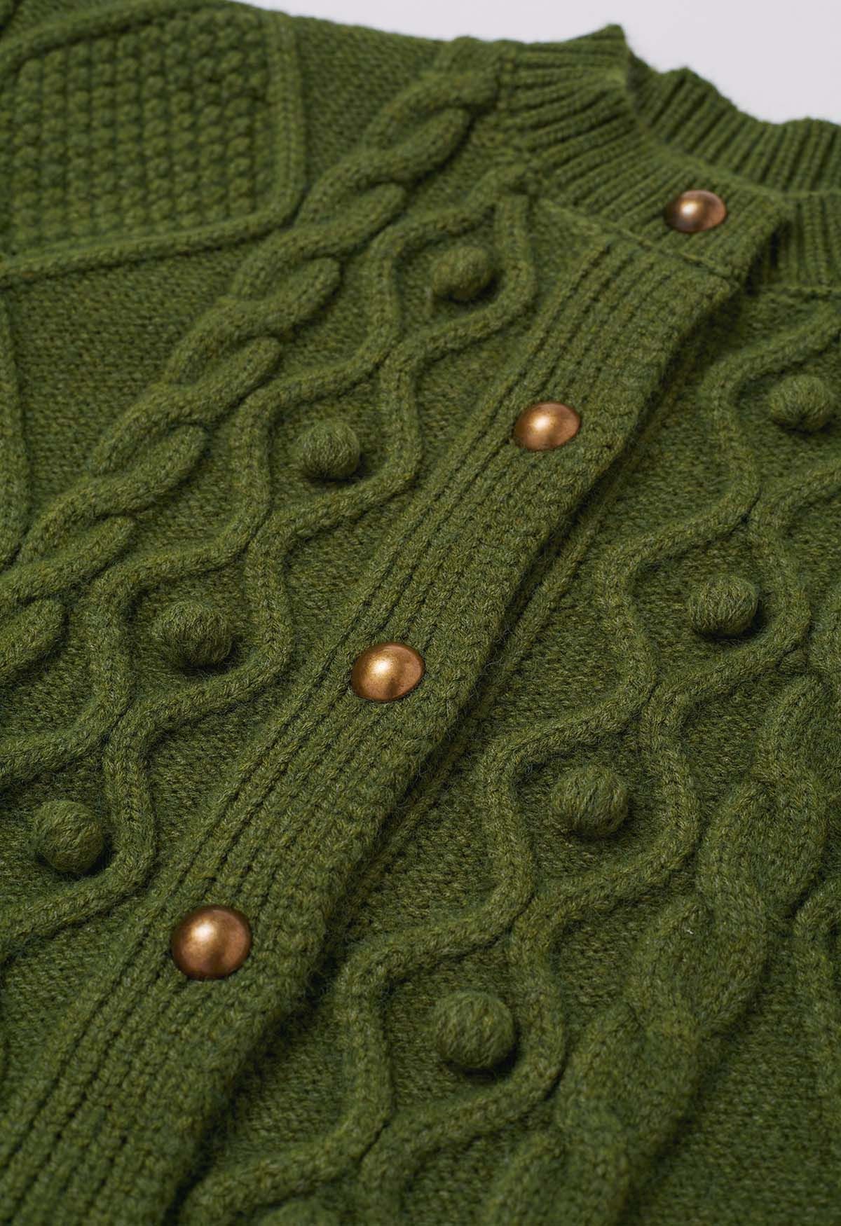 Euphoric Pom-Pom Waffle Knit Crop Cardigan in Green