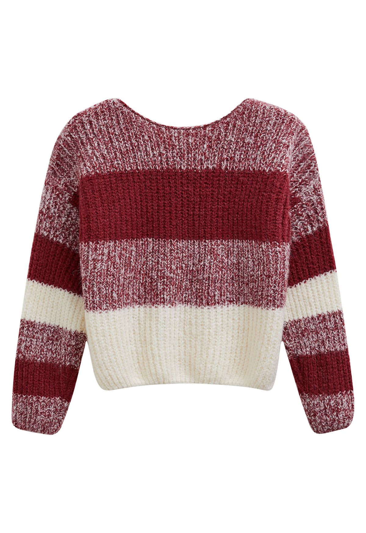 Fuzzy Contrast Stripe Ribbed Knit Sweater in Red