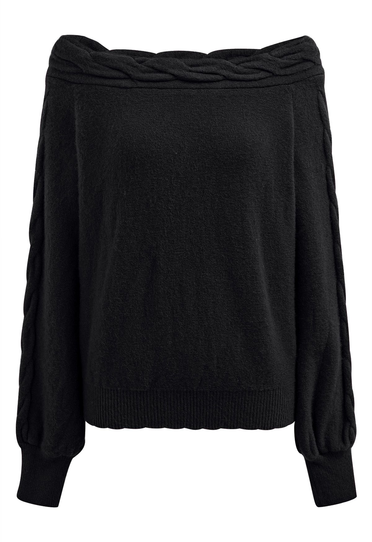 Bask in Winter Off-Shoulder Cable Knit Sweater in Black