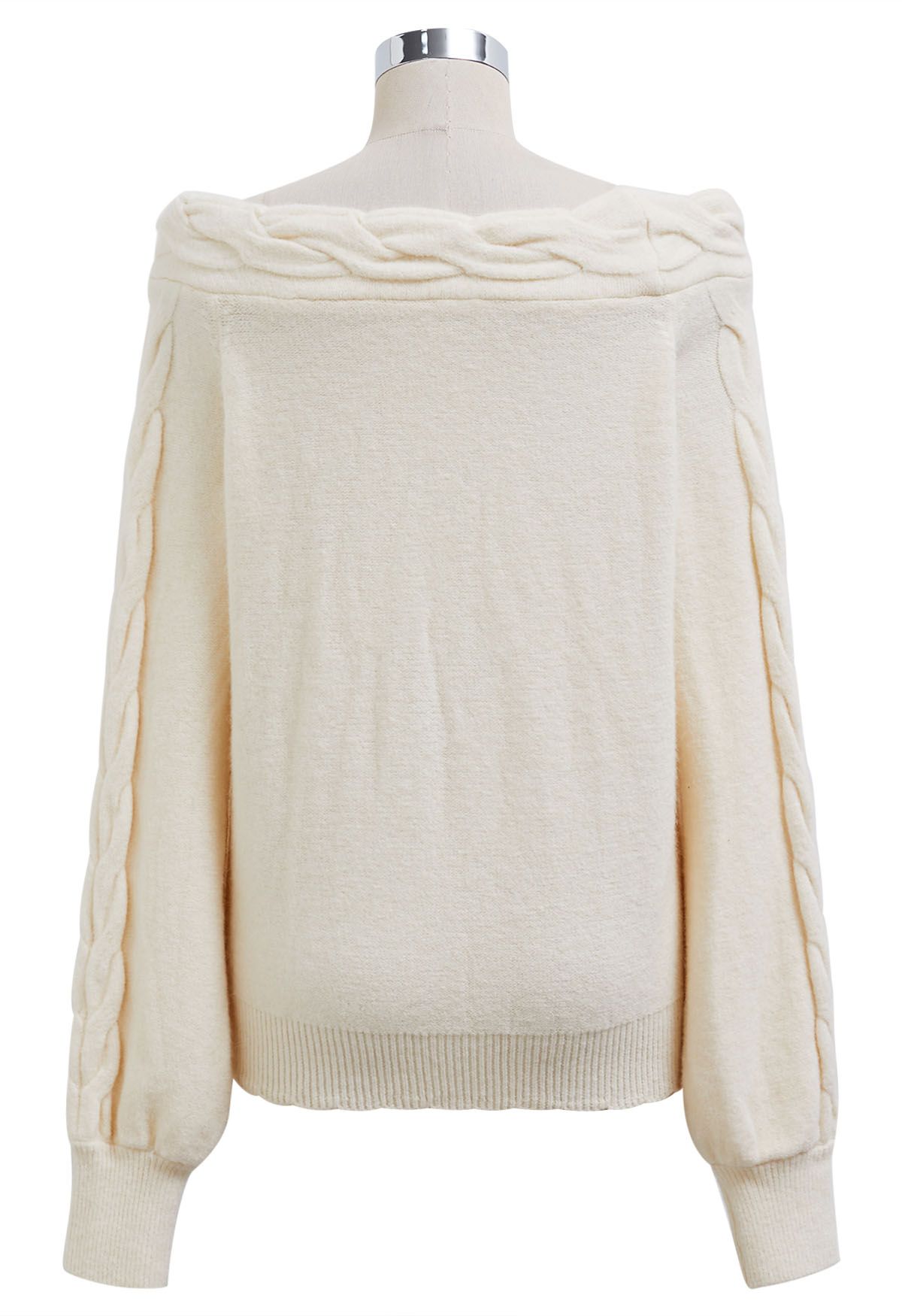 Bask in Winter Off-Shoulder Cable Knit Sweater in Cream