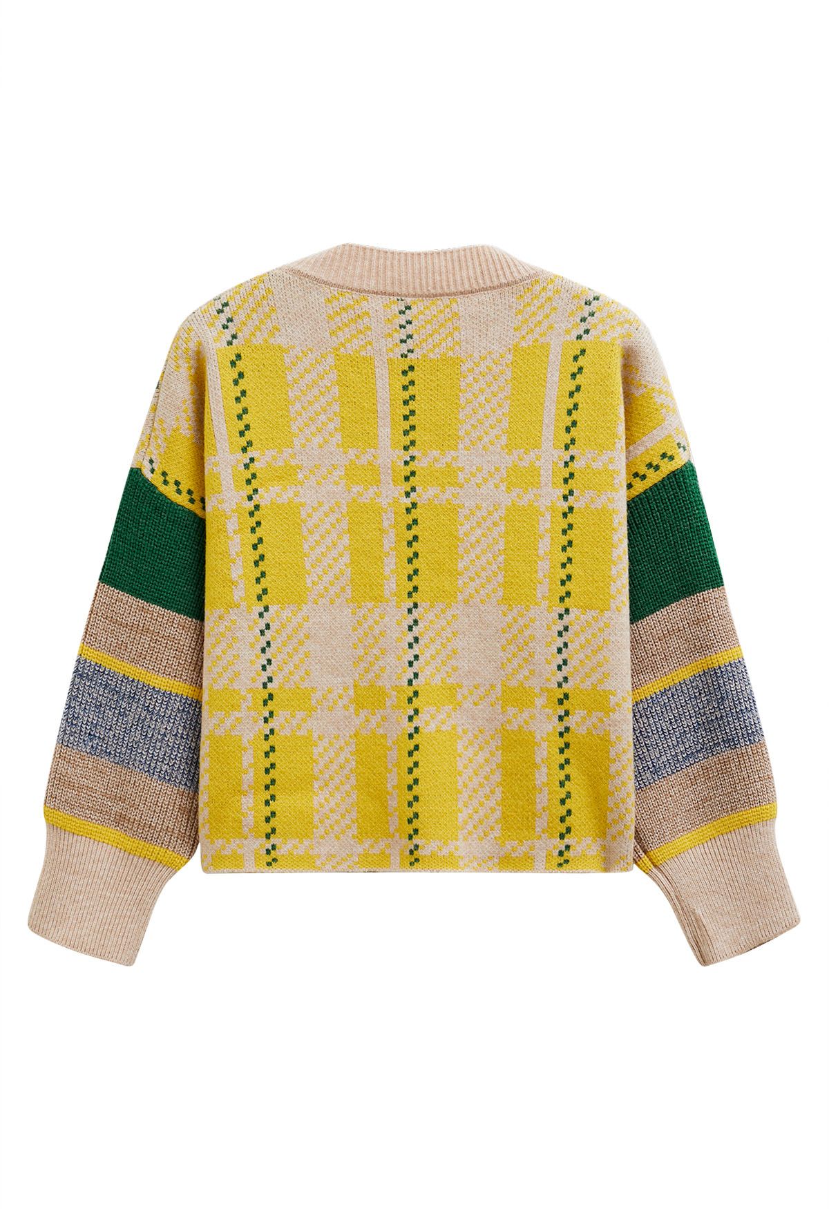 Chromatic Sleeve Button Down Crop Knit Cardigan in Yellow