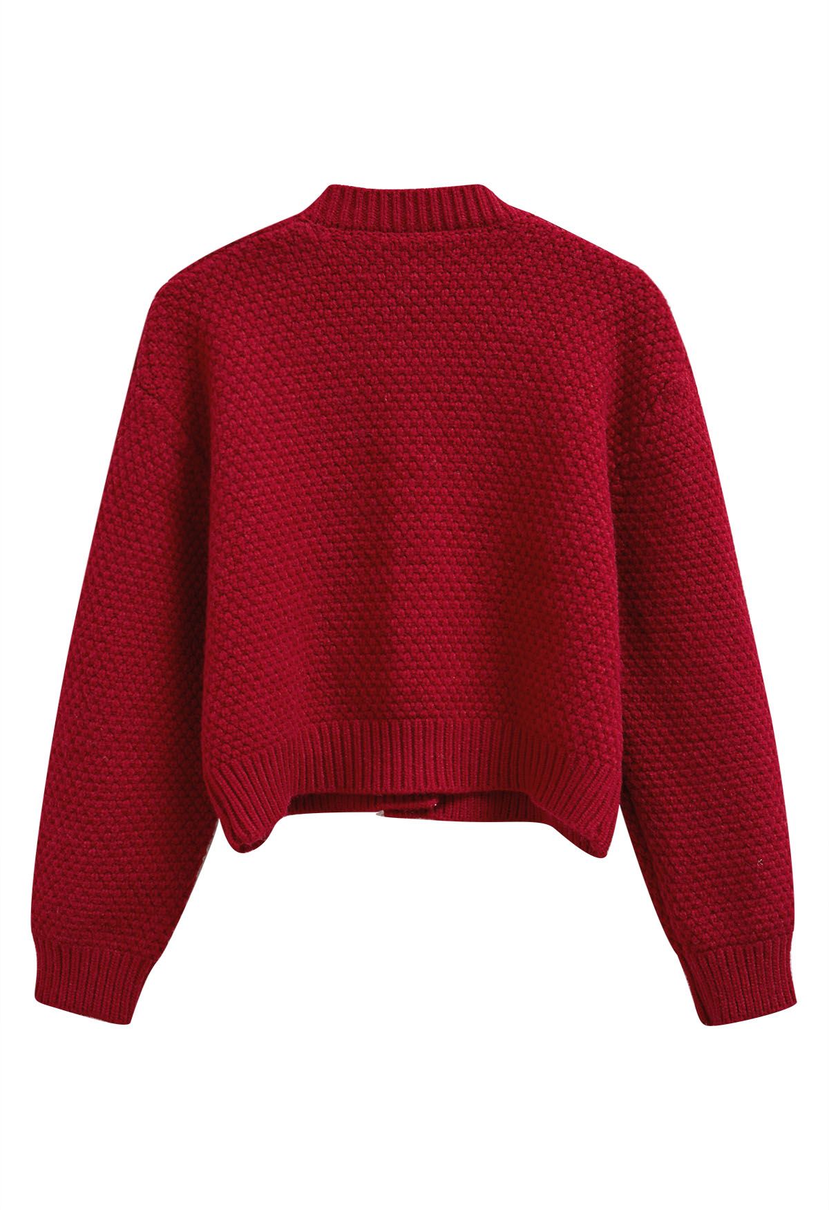 Euphoric Pom-Pom Waffle Knit Crop Cardigan in Red