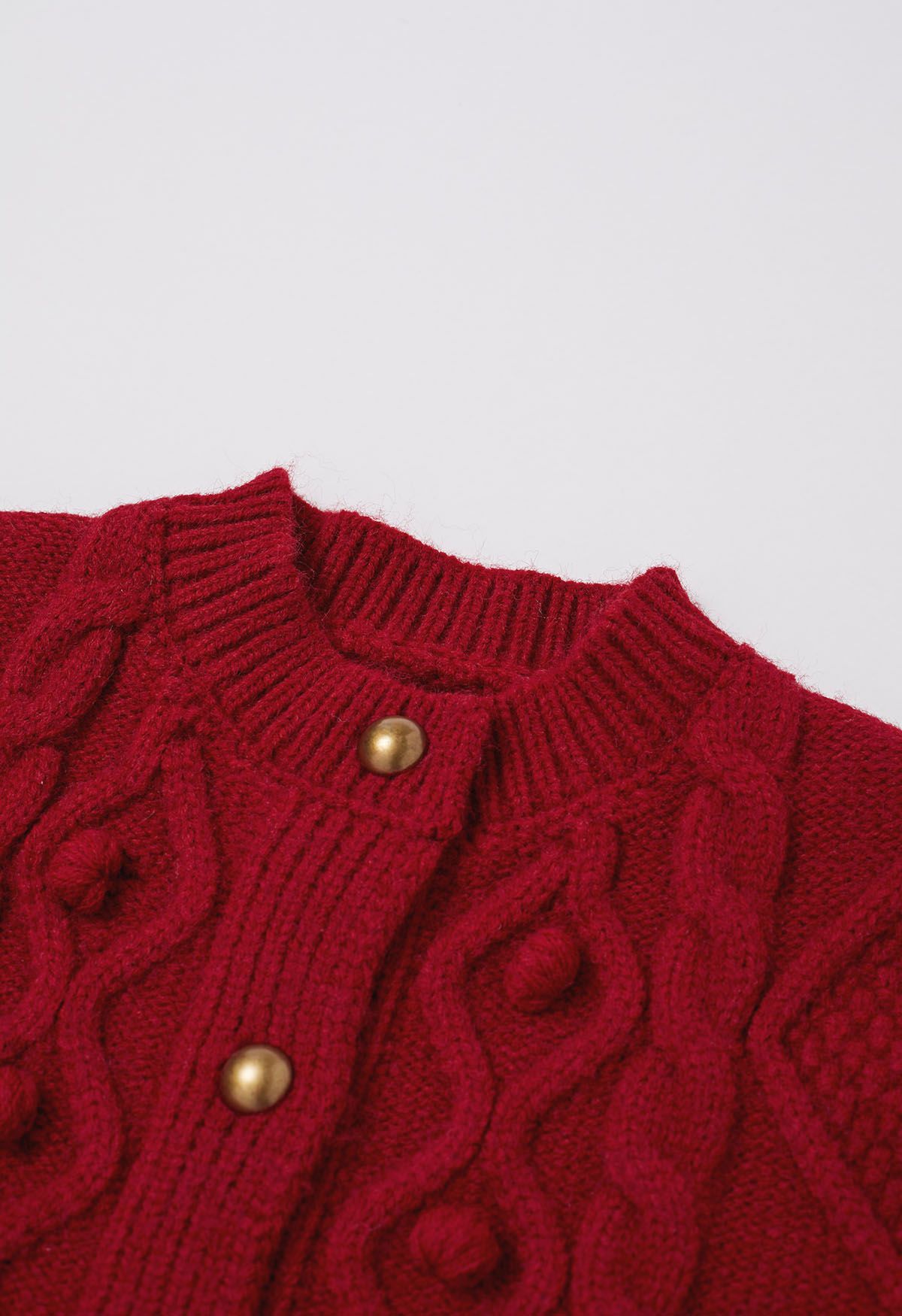 Euphoric Pom-Pom Waffle Knit Crop Cardigan in Red