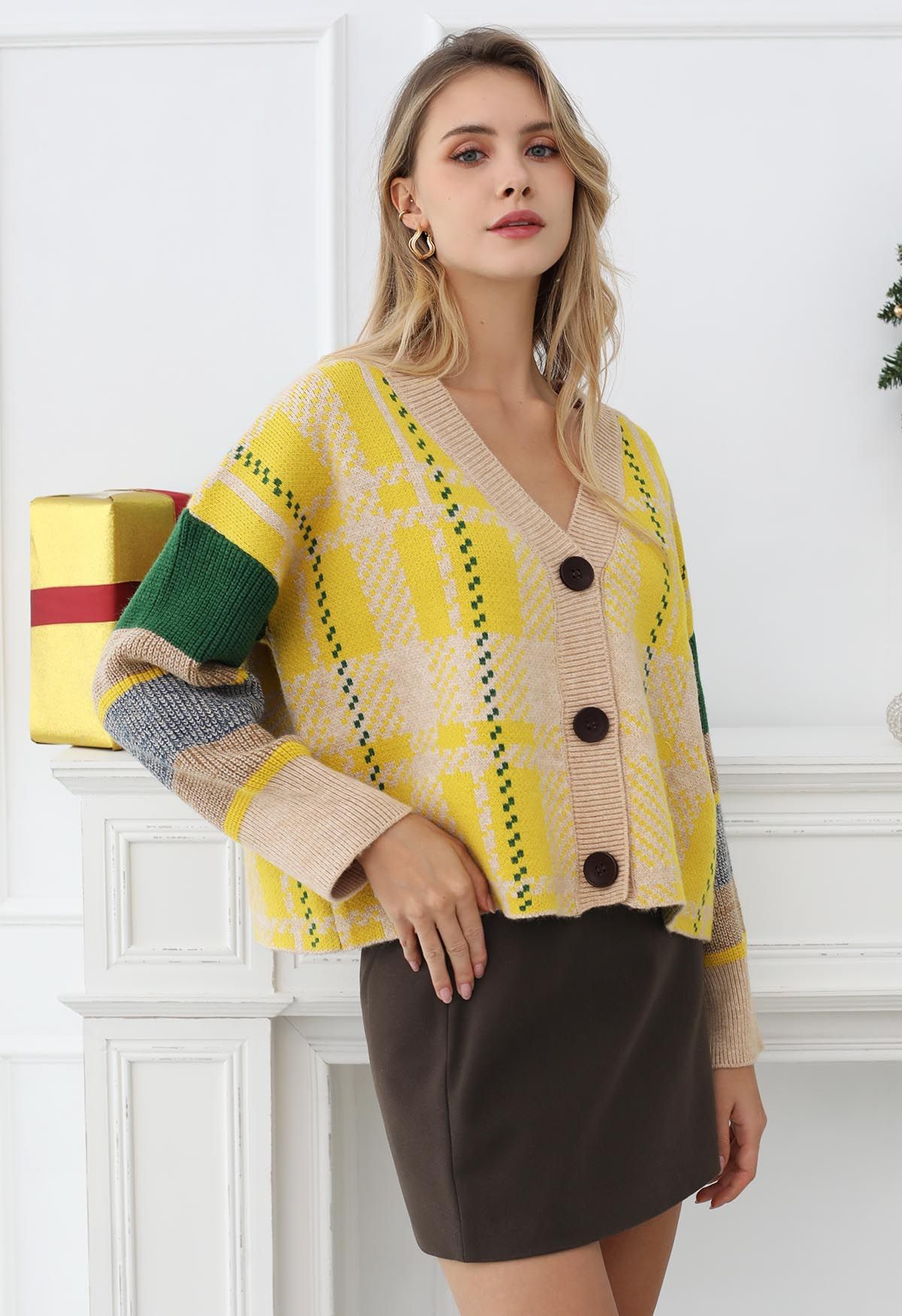 Chromatic Sleeve Button Down Crop Knit Cardigan in Yellow