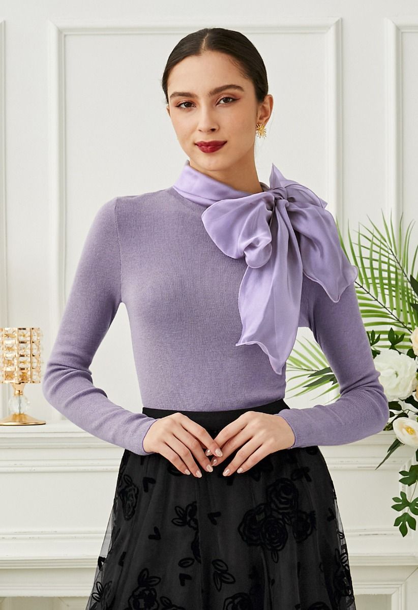 Organza Bowknot Neckline Knit Top in Lilac