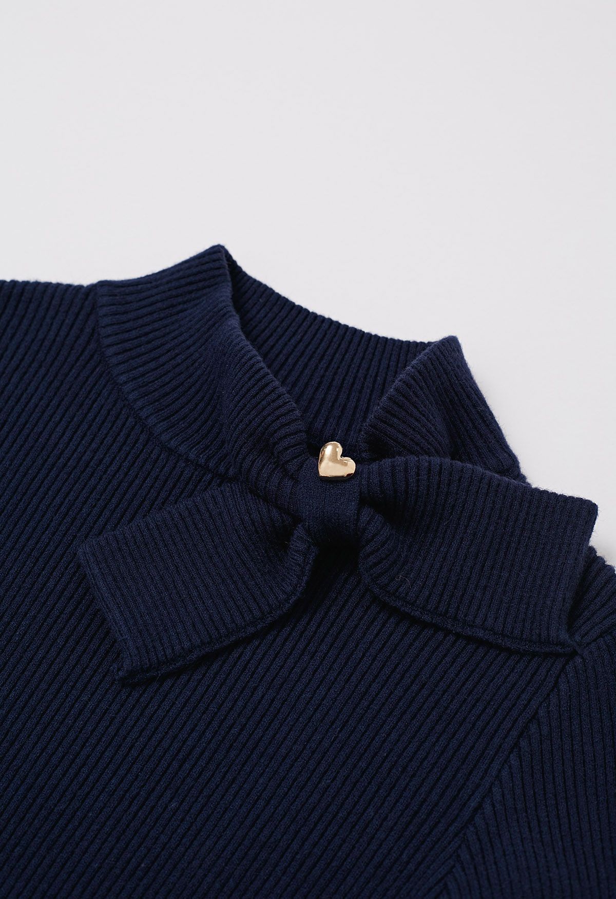 Heart Button Bowknot Ribbed Knit Top in Navy