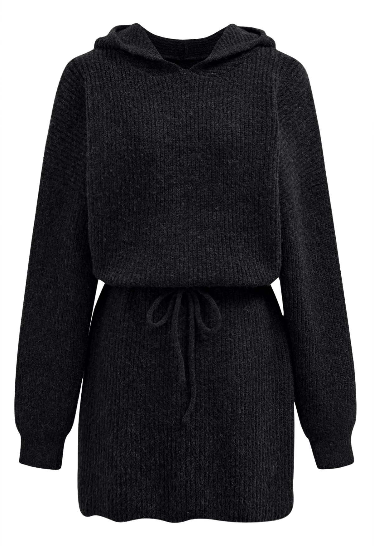 Drawstring Waist Hooded Ribbed Knit Sweater Dress in Black