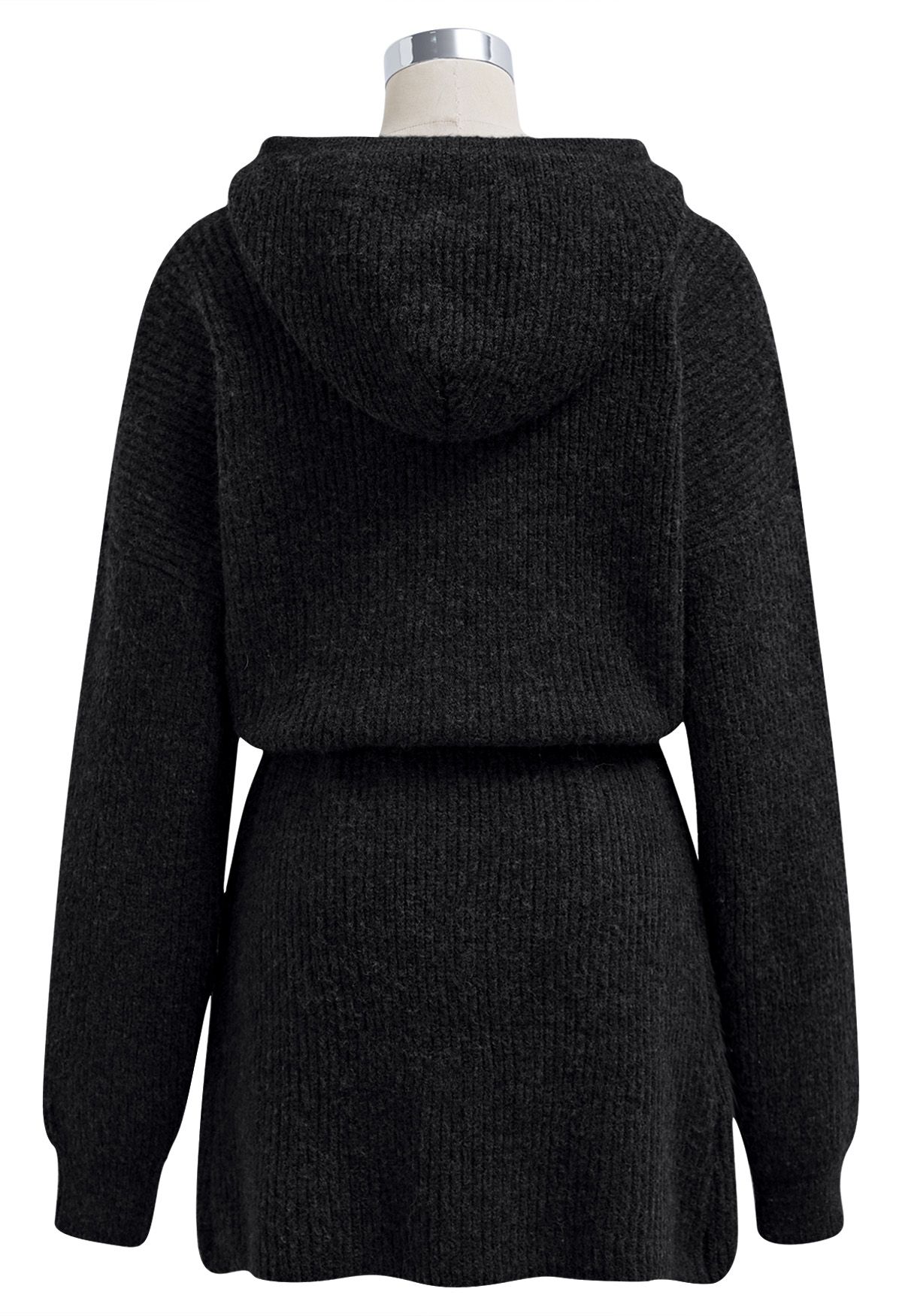 Drawstring Waist Hooded Ribbed Knit Sweater Dress in Black