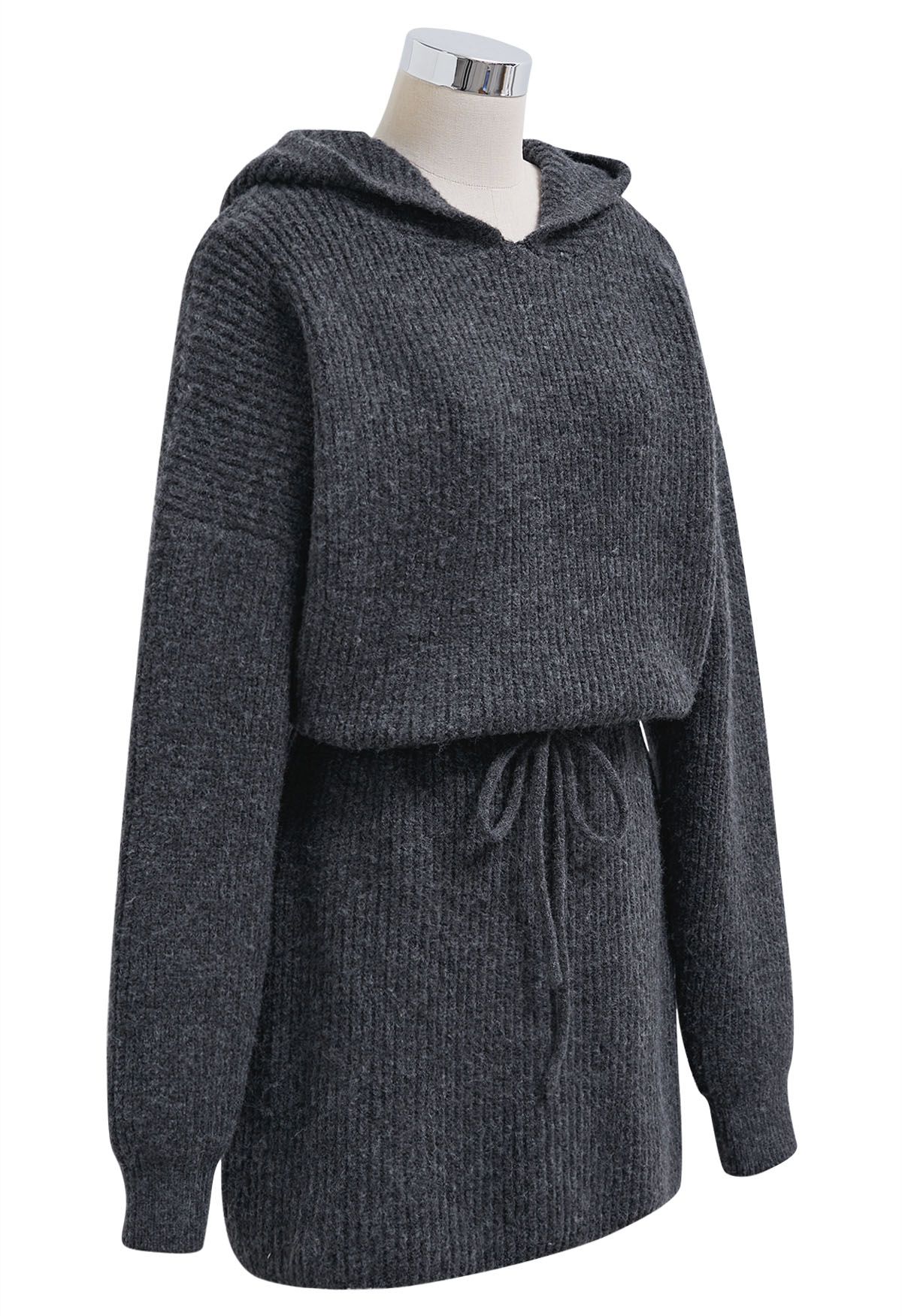 Drawstring Waist Hooded Ribbed Knit Sweater Dress in Smoke