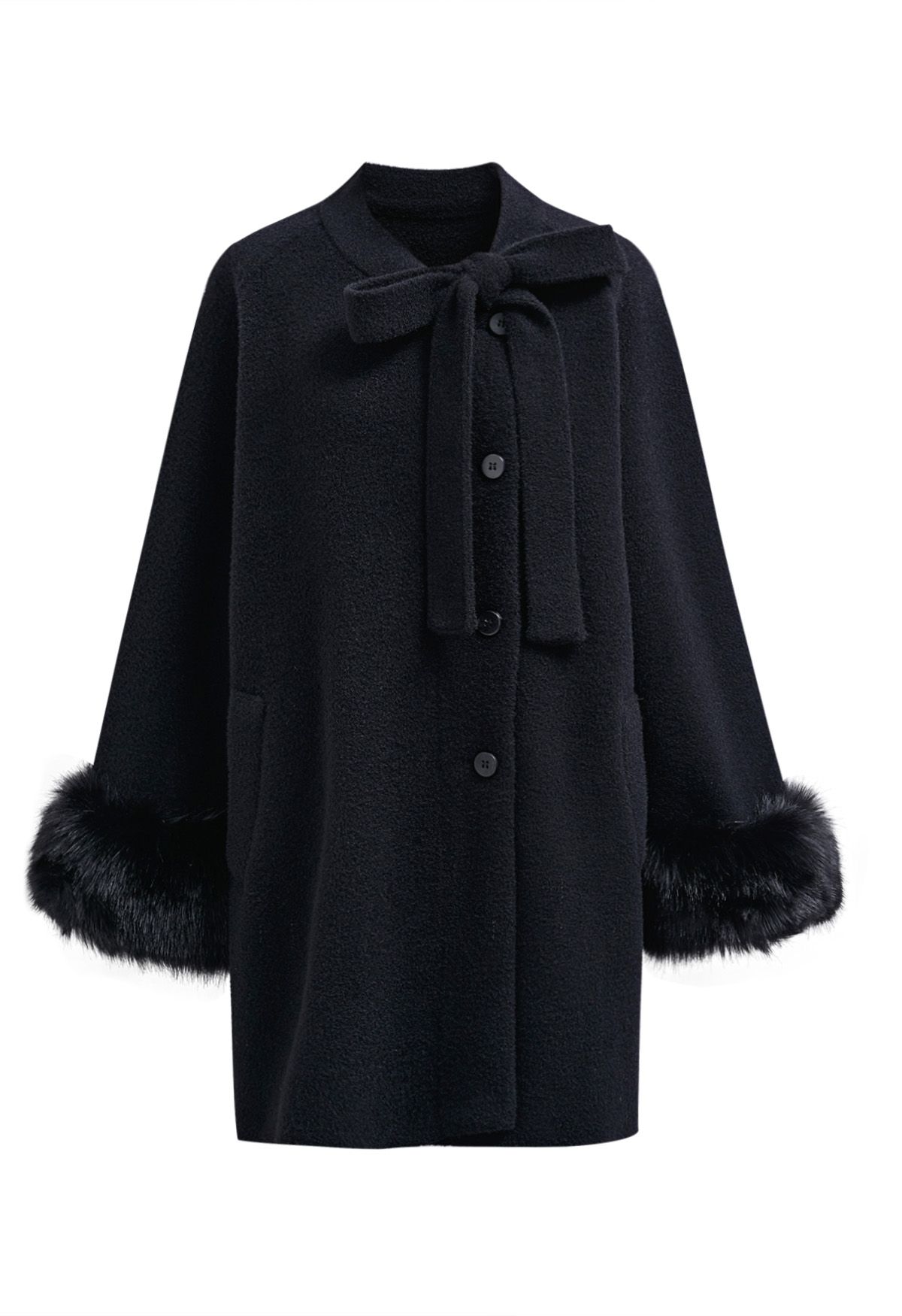 Pretty Bowknot Faux Fur Buttoned Knit Coat in Black