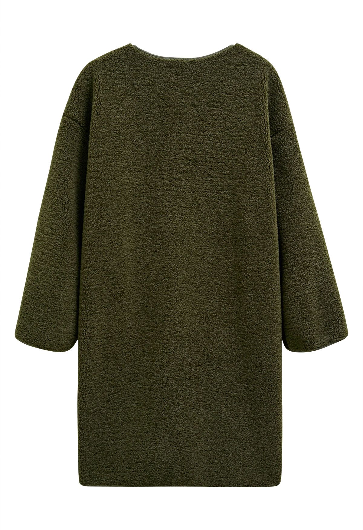 Collarless Button Down Sherpa Longline Coat in Army Green