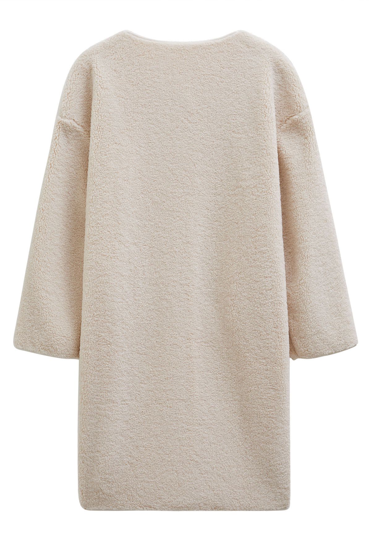 Collarless Button Down Sherpa Longline Coat in Ivory