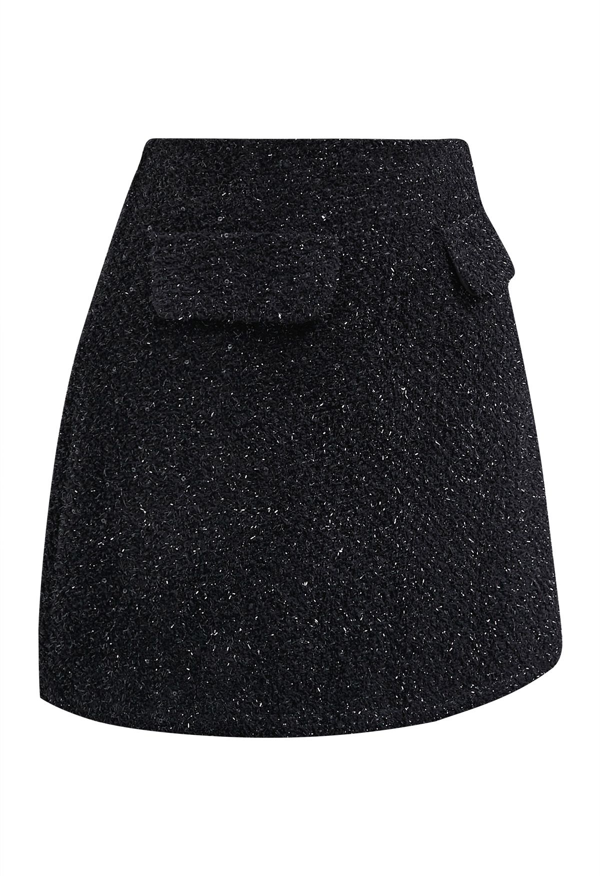 Sequin Fringe Decor Tweed Mini Bud Skirt in Black