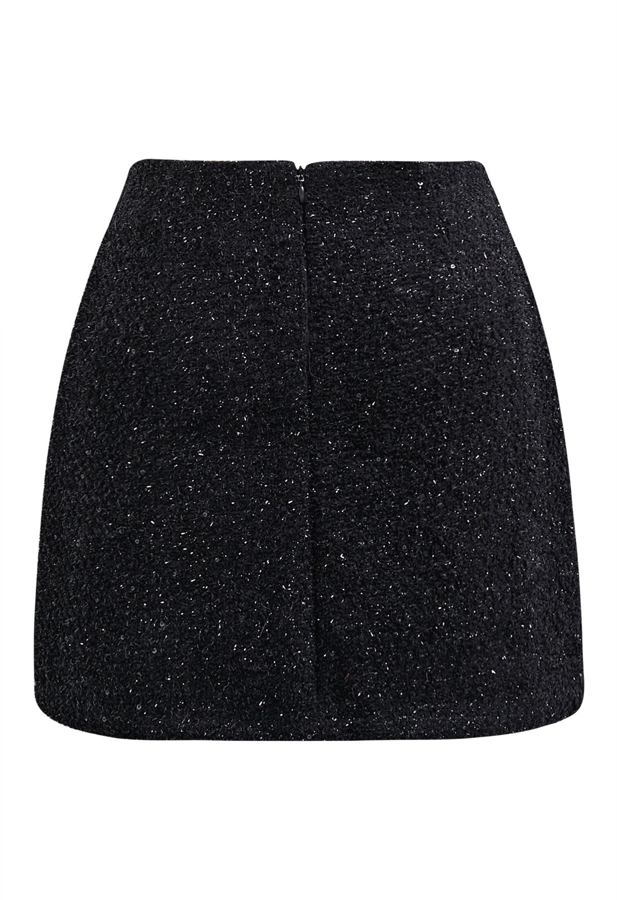 Sequin Fringe Decor Tweed Mini Bud Skirt in Black