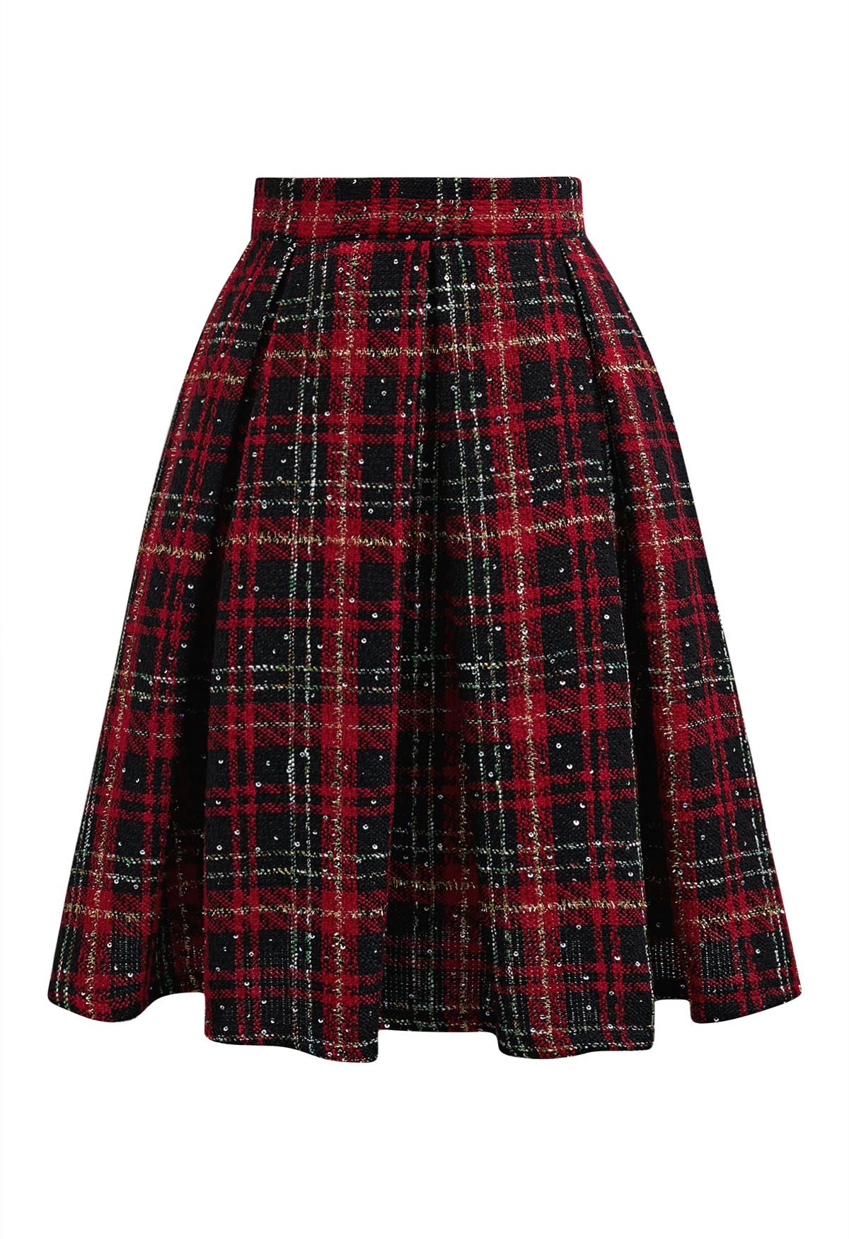 Shining Plaid High Waist Pleated Tweed Skirt in Red