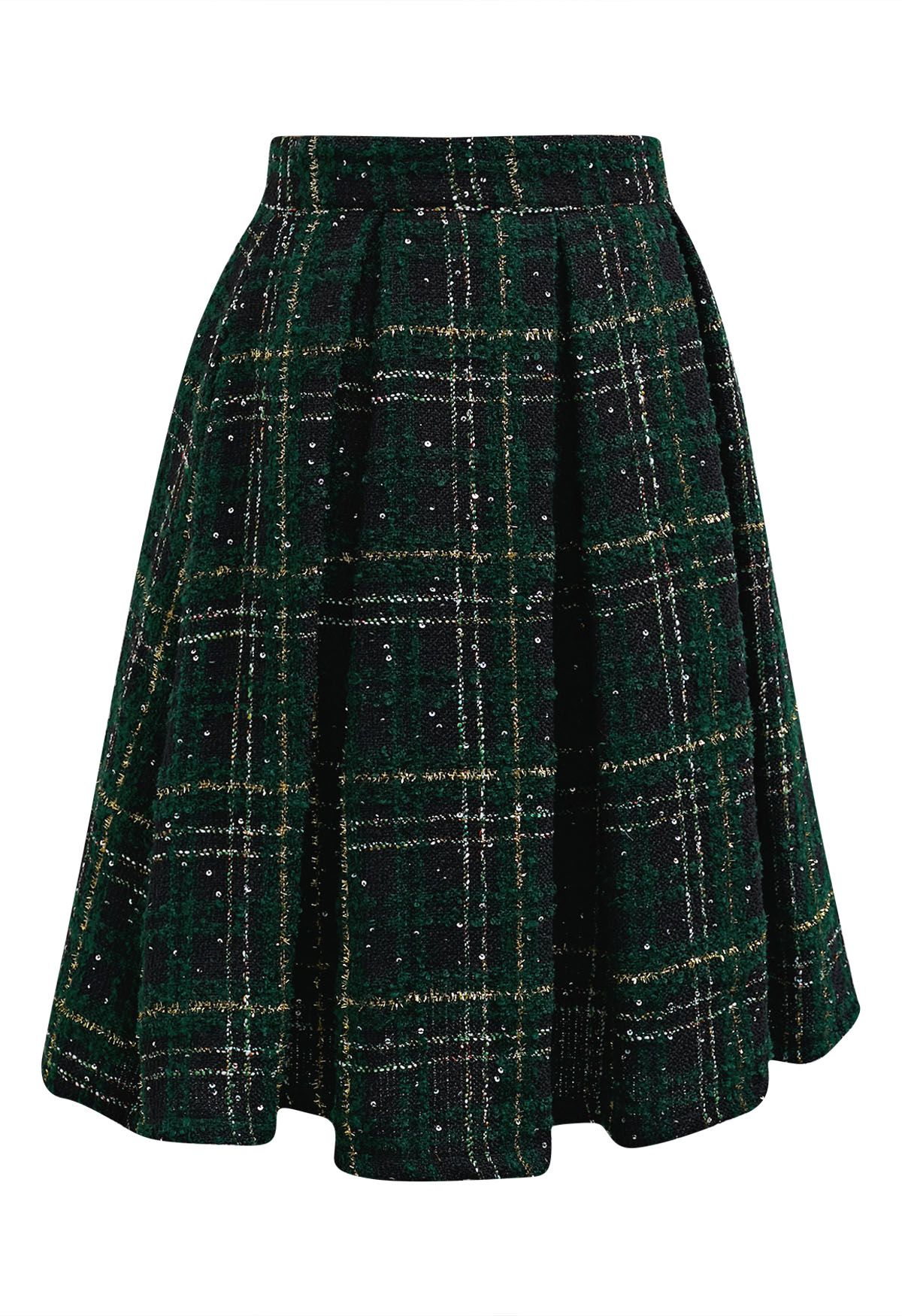 Shining Plaid High Waist Pleated Tweed Skirt in Dark Green