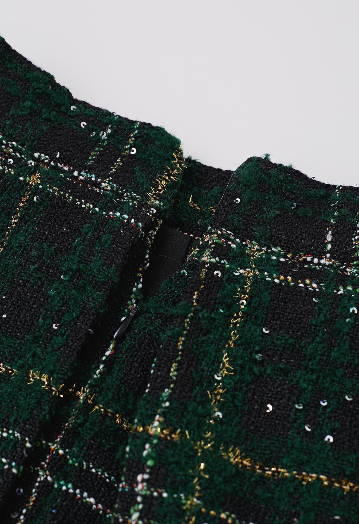 Shining Plaid High Waist Pleated Tweed Skirt in Dark Green