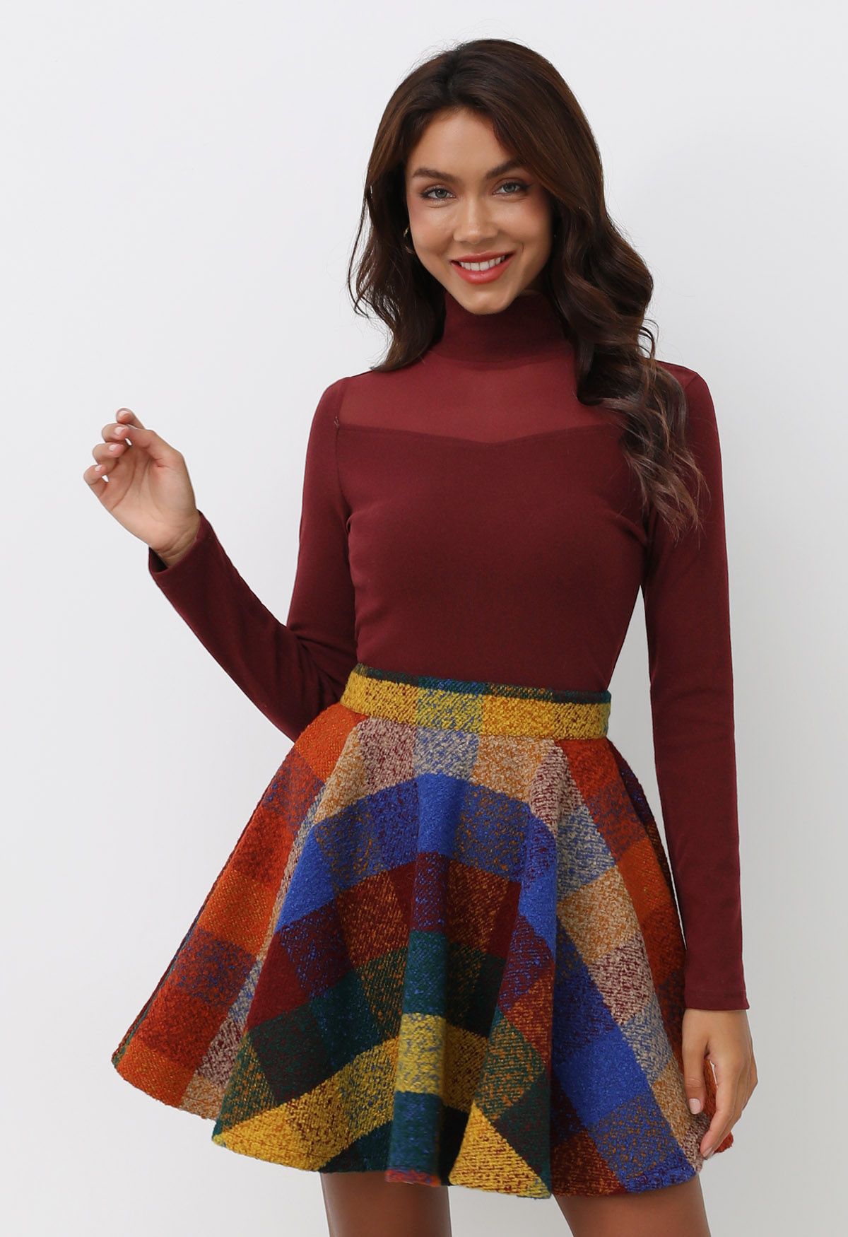 Chromatic Check Wool-Blend Flare Mini Skirt