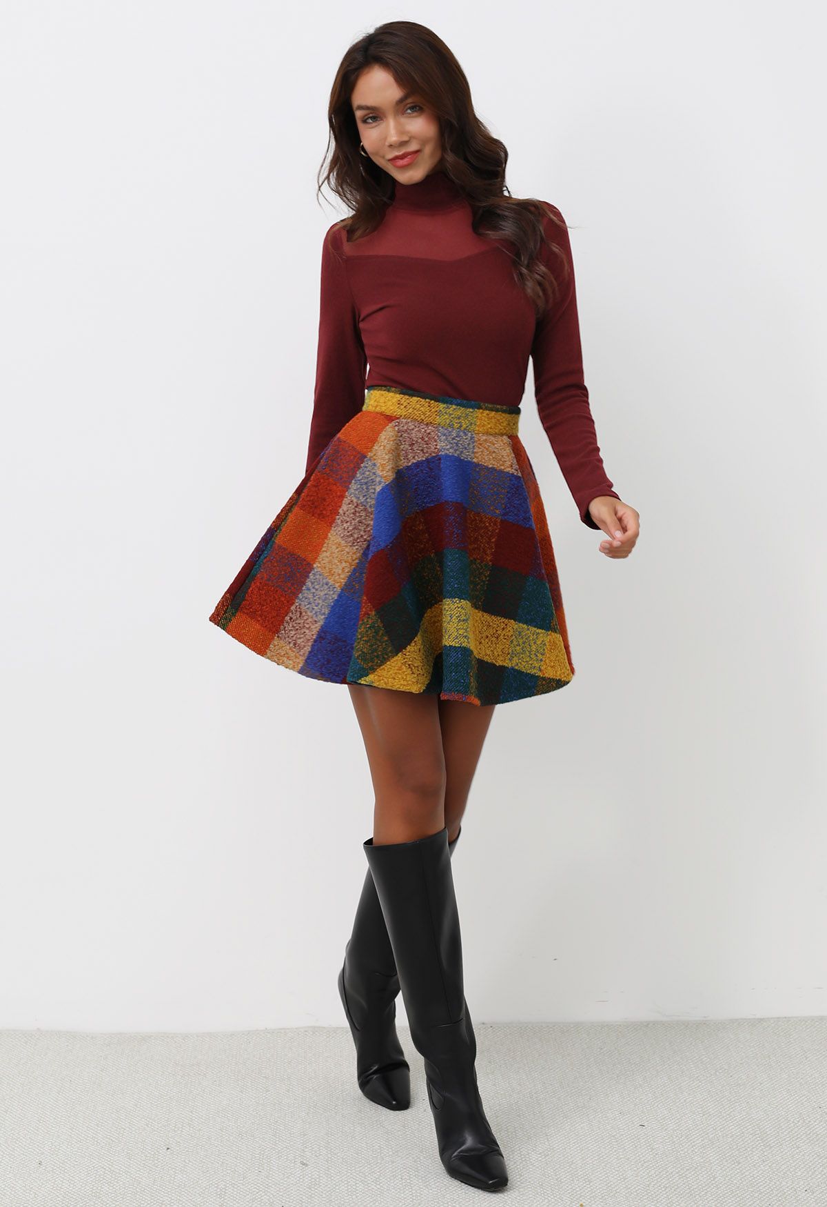 Chromatic Check Wool-Blend Flare Mini Skirt