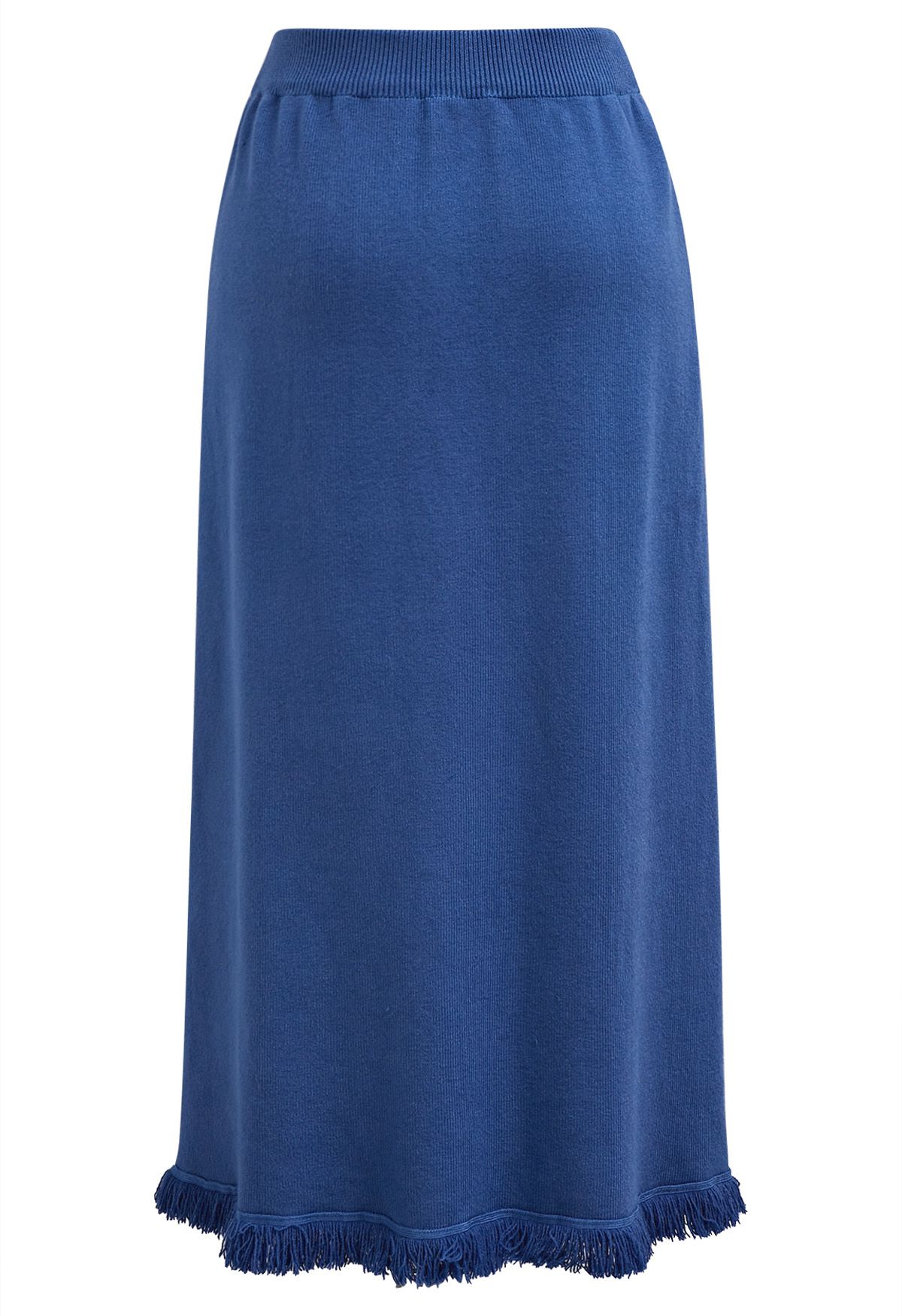 Button Trim Fringe Hem Knit Midi Skirt in Indigo