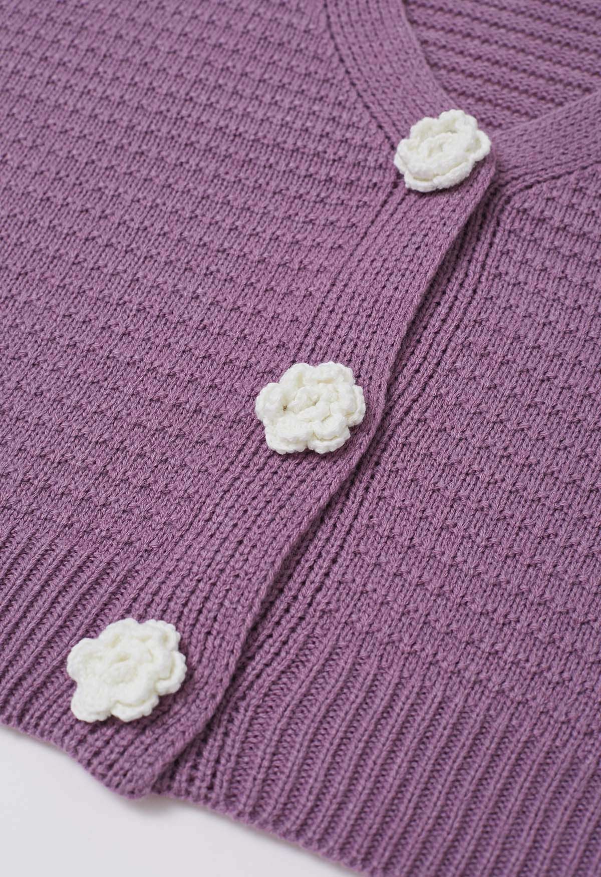 Stitch Rose Buttoned Crop Knit Cardigan in Lilac