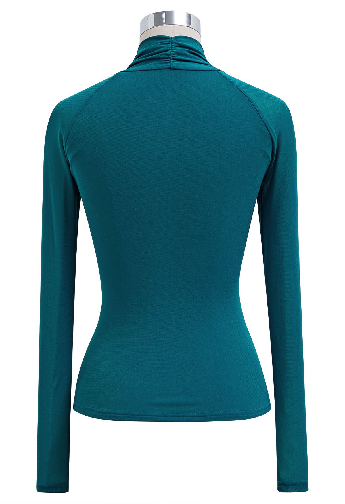 Ruched V-Neck Double-Layered Mesh Top in Teal