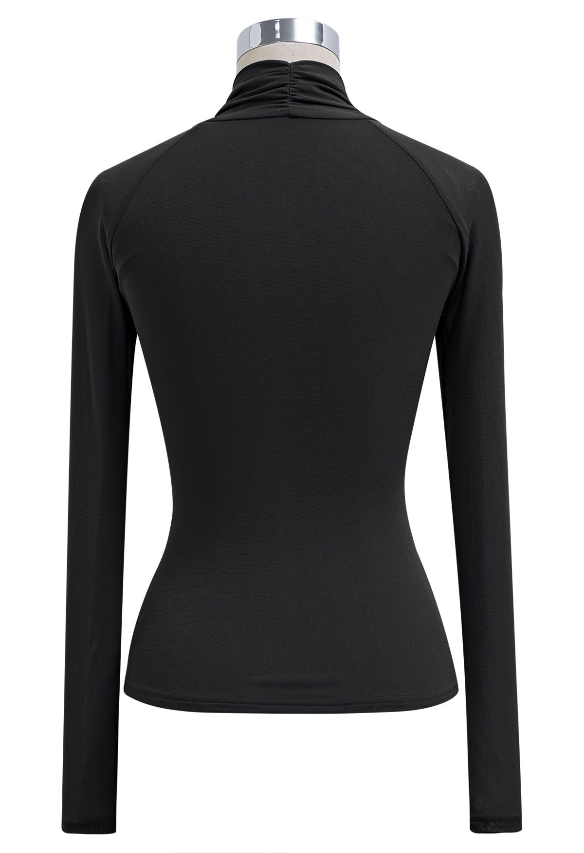 Ruched V-Neck Double-Layered Mesh Top in Black