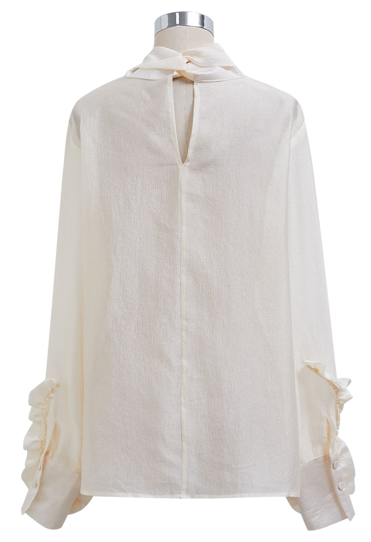 Bowknot Neckline Rose Cuff Sheer Top in Cream