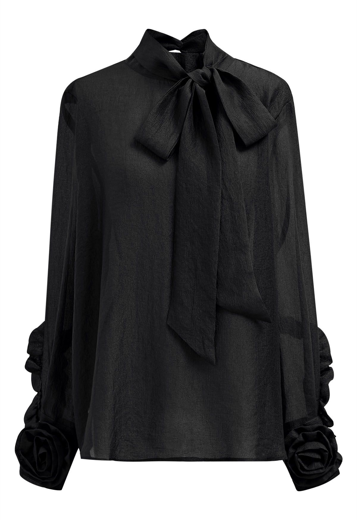 Bowknot Neckline Rose Cuff Sheer Top in Black