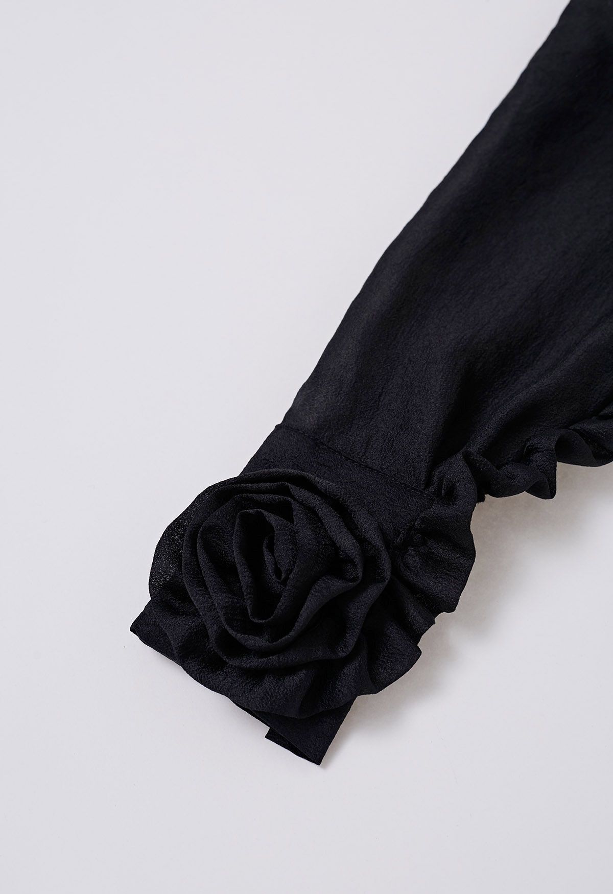 Bowknot Neckline Rose Cuff Sheer Top in Black