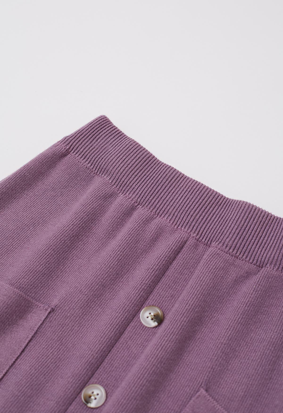 Button Trim Fringe Hem Knit Midi Skirt in Lilac