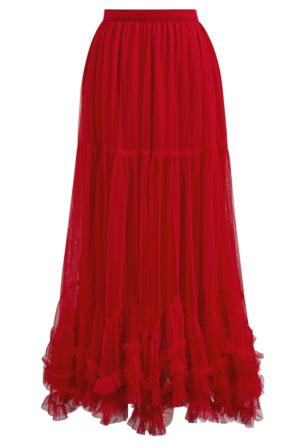 Ruffle Hem Double-Layered Mesh Maxi Skirt in Red