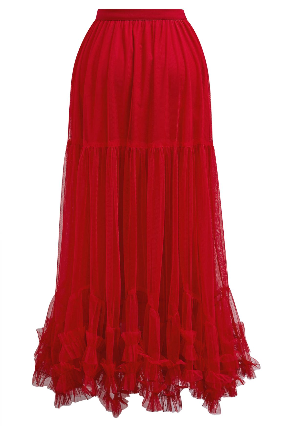 Ruffle Hem Double-Layered Mesh Maxi Skirt in Red