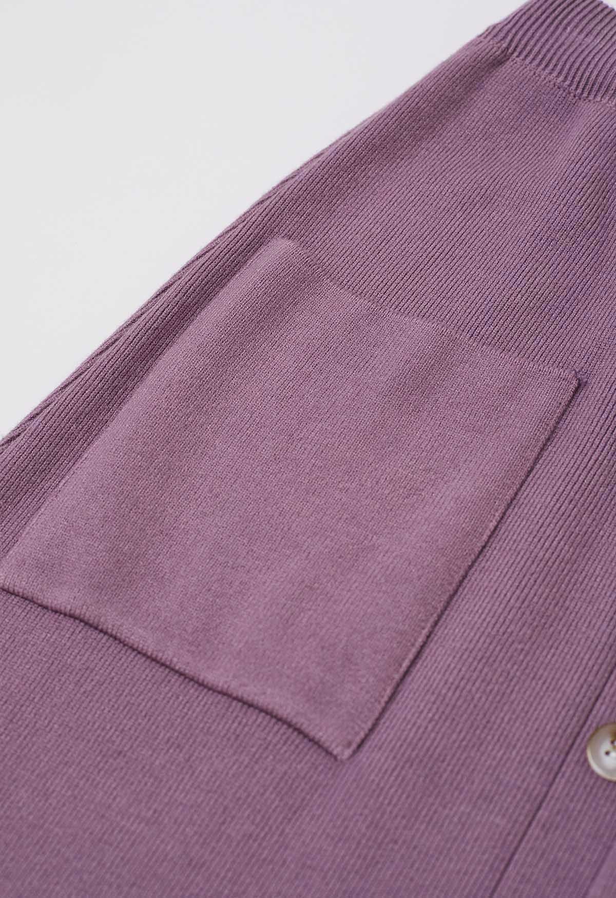 Button Trim Fringe Hem Knit Midi Skirt in Lilac