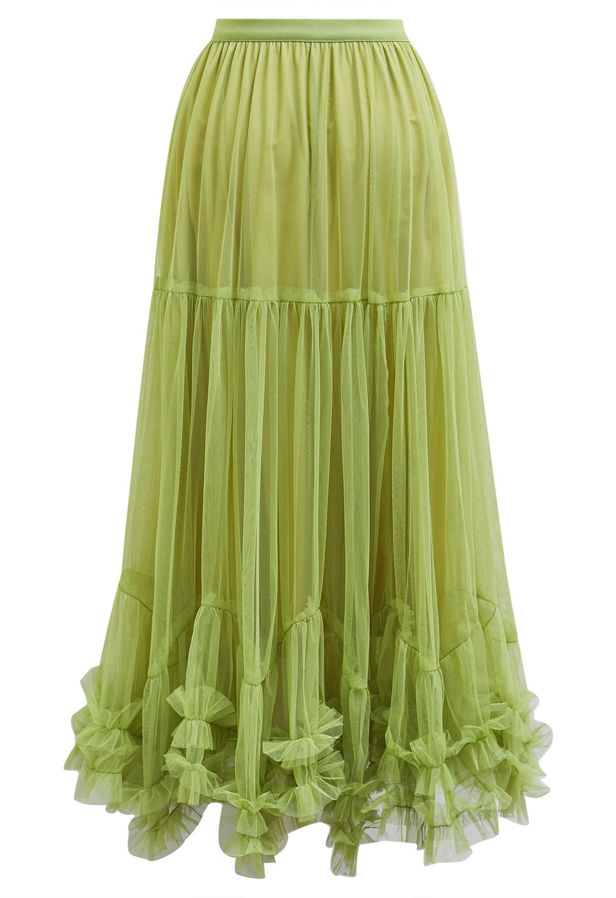 Ruffle Hem Double-Layered Mesh Maxi Skirt in Lime