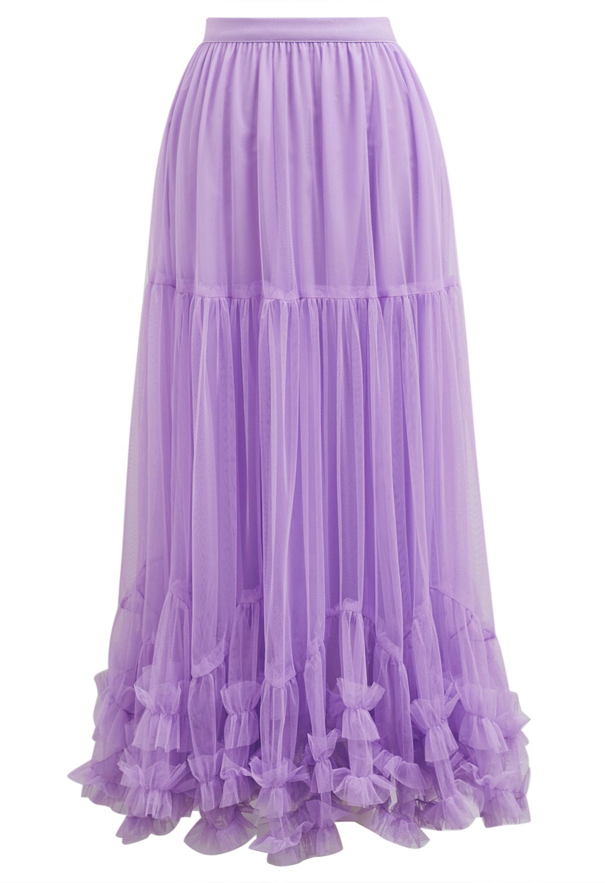 Ruffle Hem Double-Layered Mesh Maxi Skirt in Lilac