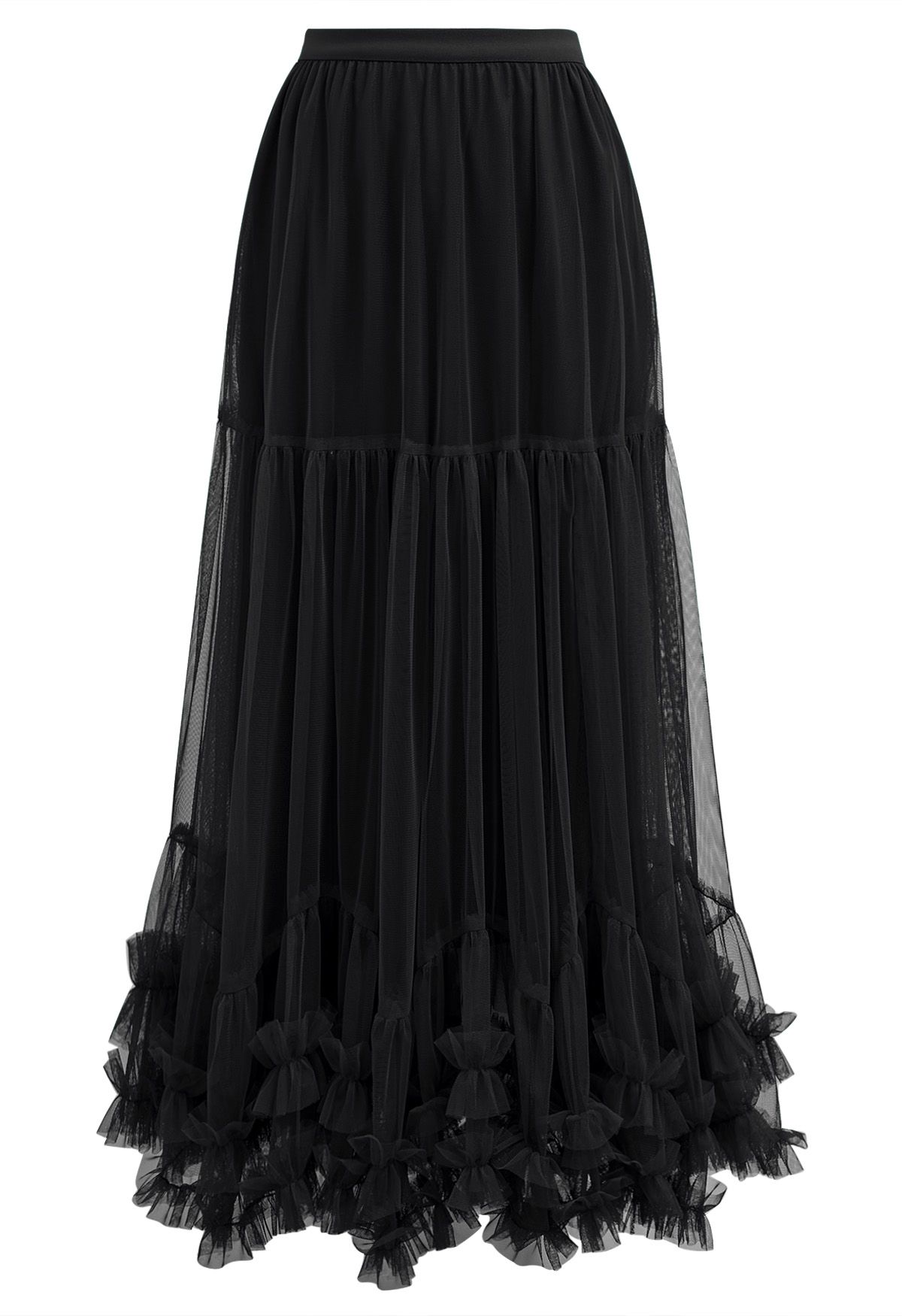 Ruffle Hem Double-Layered Mesh Maxi Skirt in Black